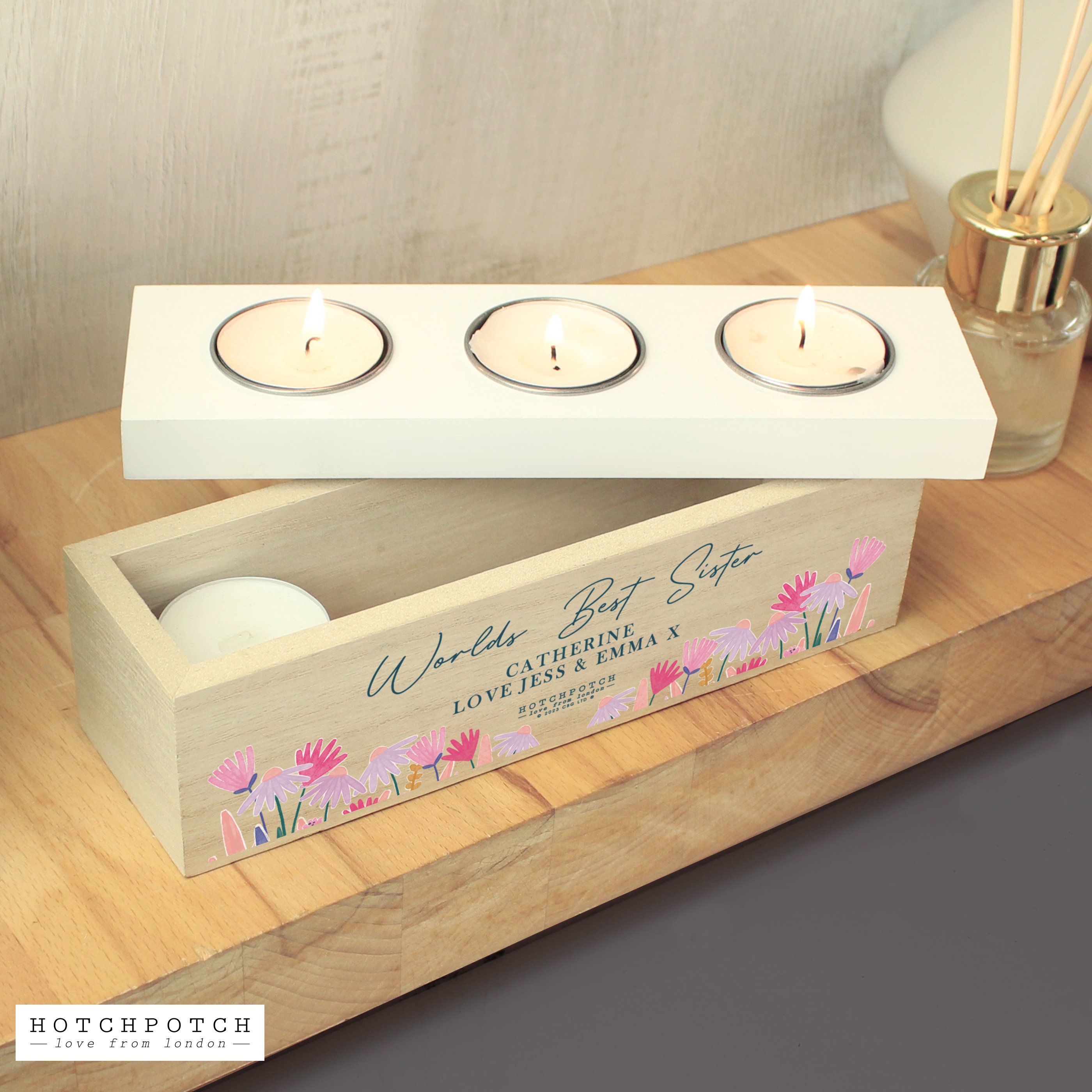 Personalised Wild Flower Triple Tealight Holder & Storage Box