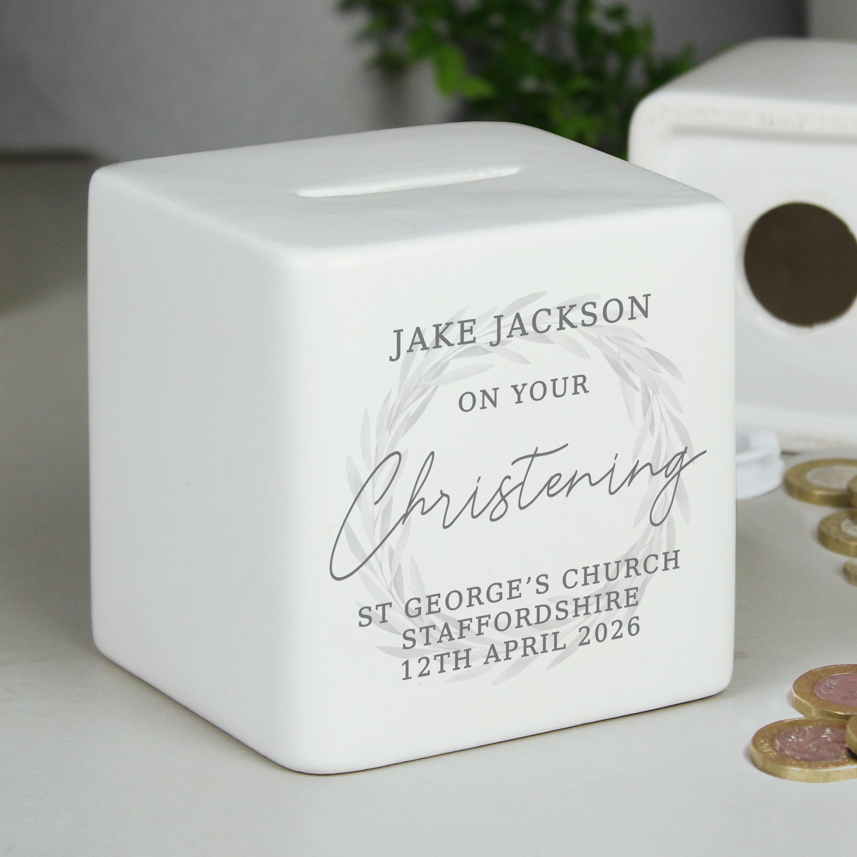 Personalised Christening Ceramic Square Money Box