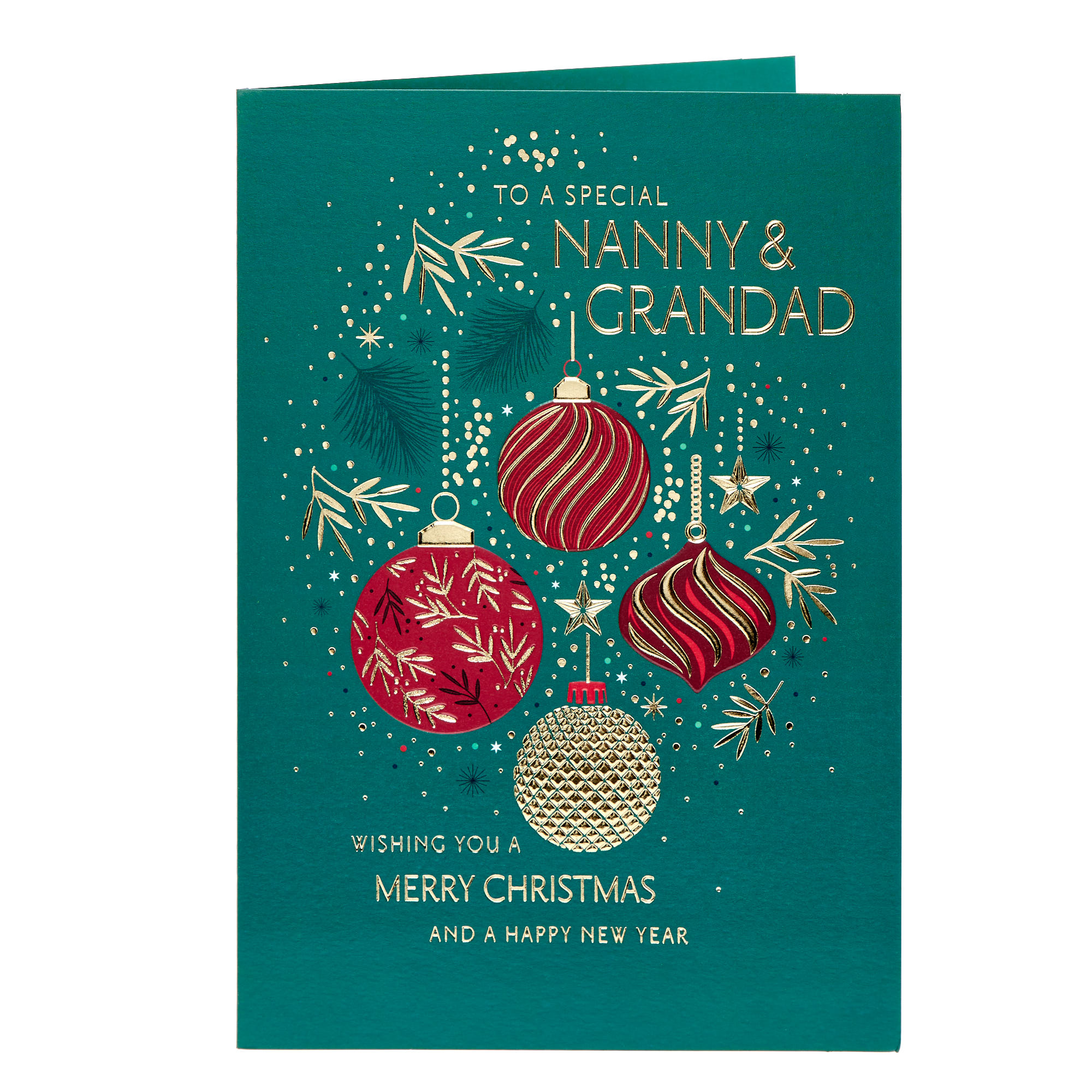 Nanny & Grandad Green & Red Baubles Christmas Card