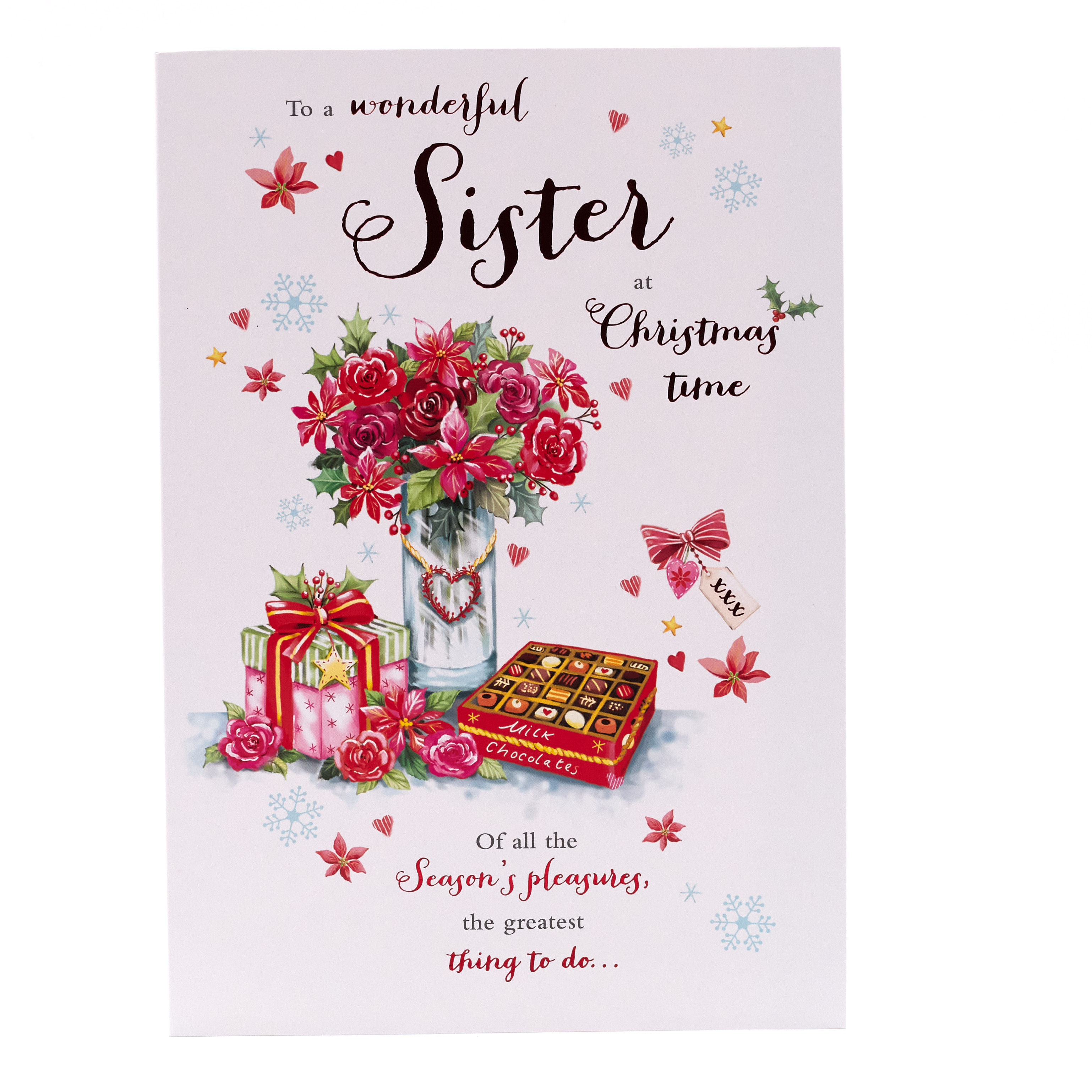 Christmas Card - Wonderful Sister, Traditional Chocolate And Flowers