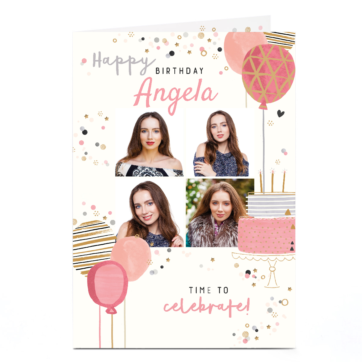 Photo Birthday Card - Pink and Gold Birthday, 4 Photos
