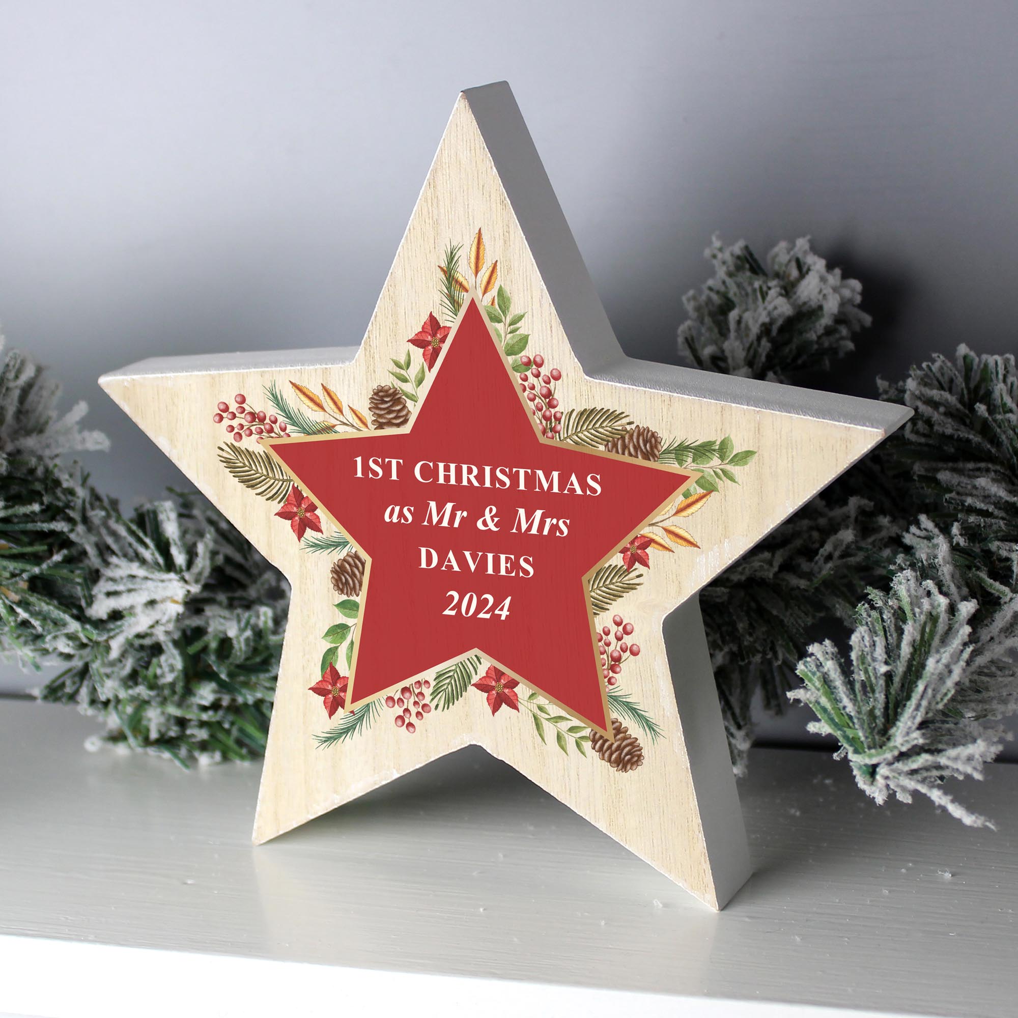 Personalised Christmas Wreath Wooden Star Ornament,  Personalised Christmas Wreath Wooden Star Ornament