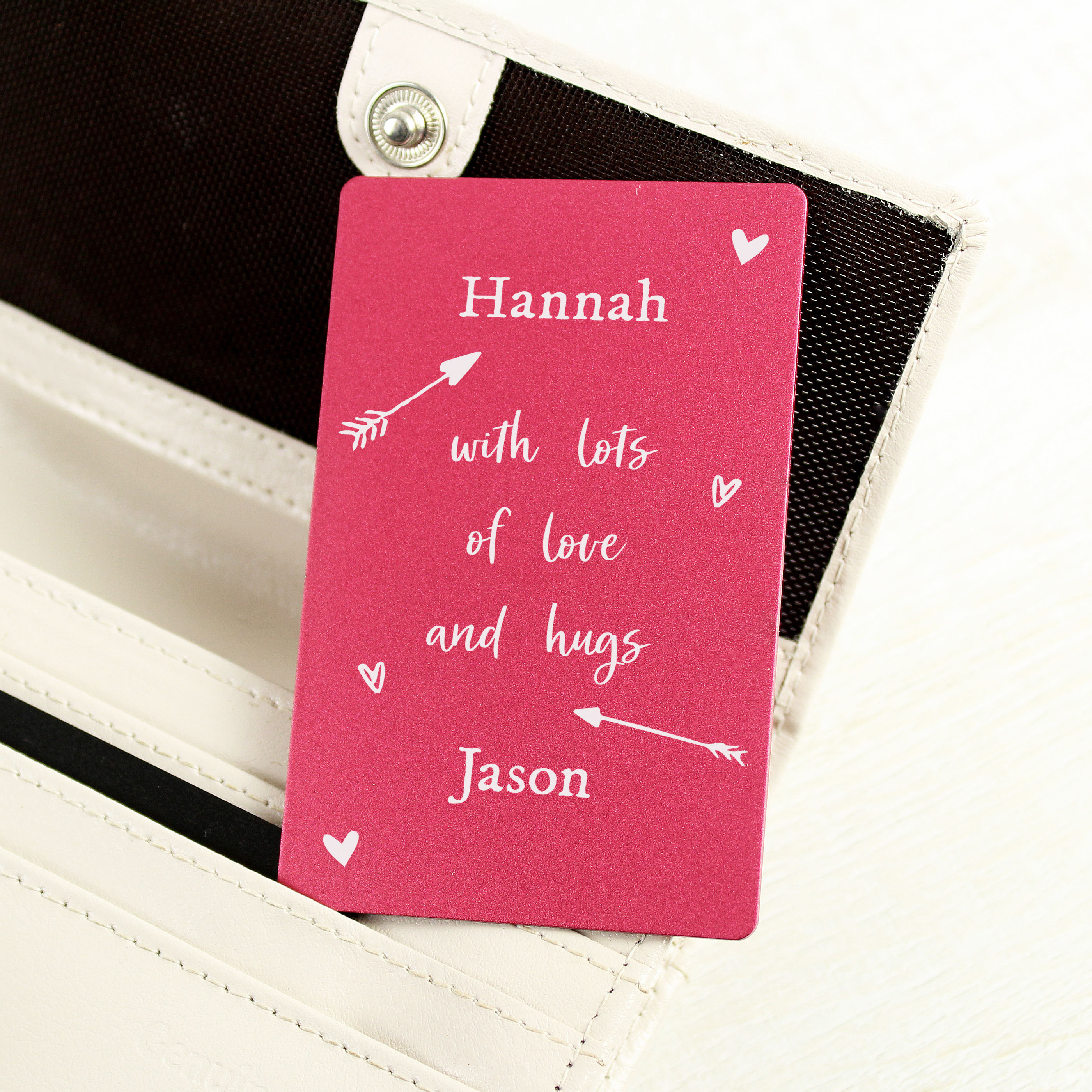 Personalised Love & Hugs Pink Metal Wallet Card