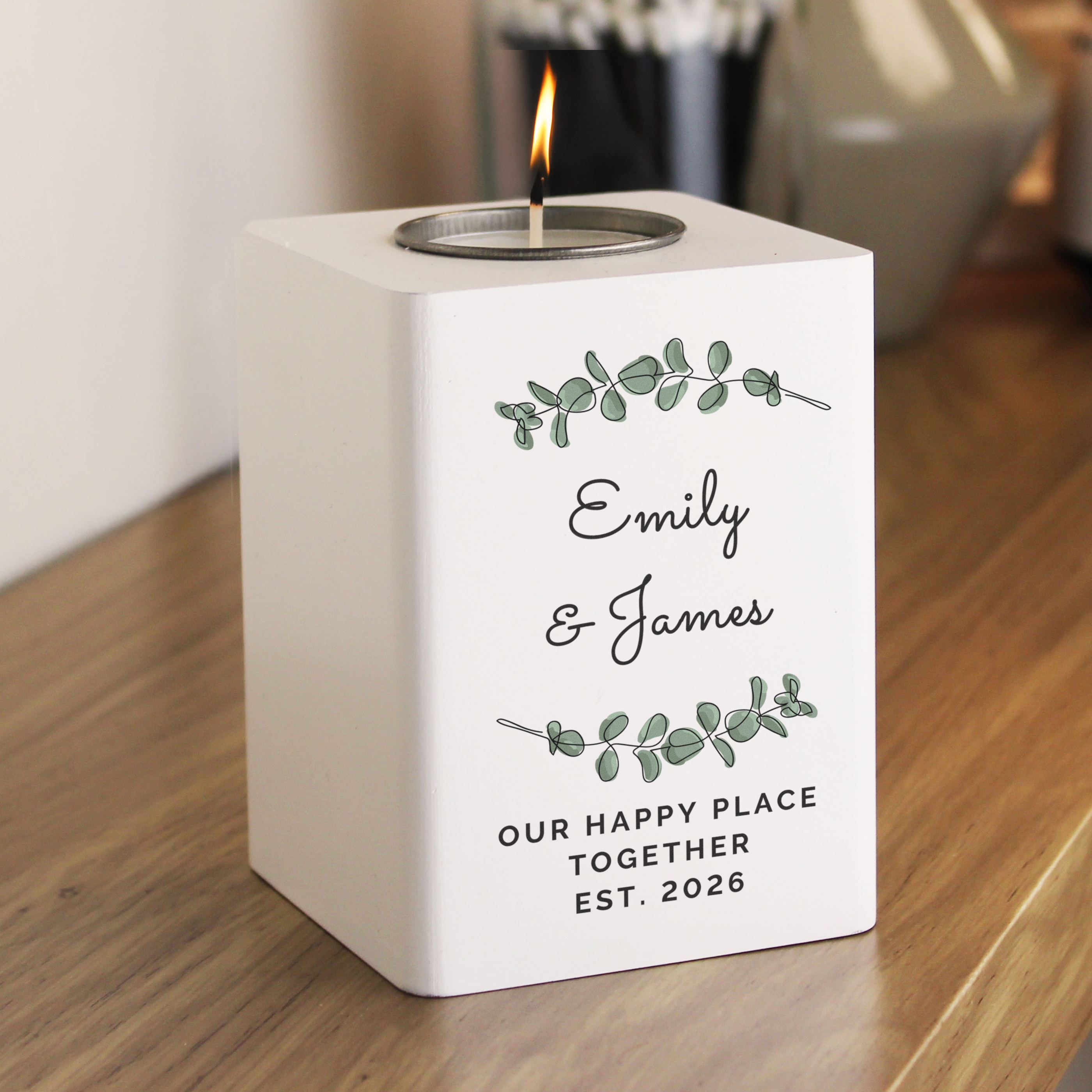 Personalised Botanical White Wooden Tea light Holder