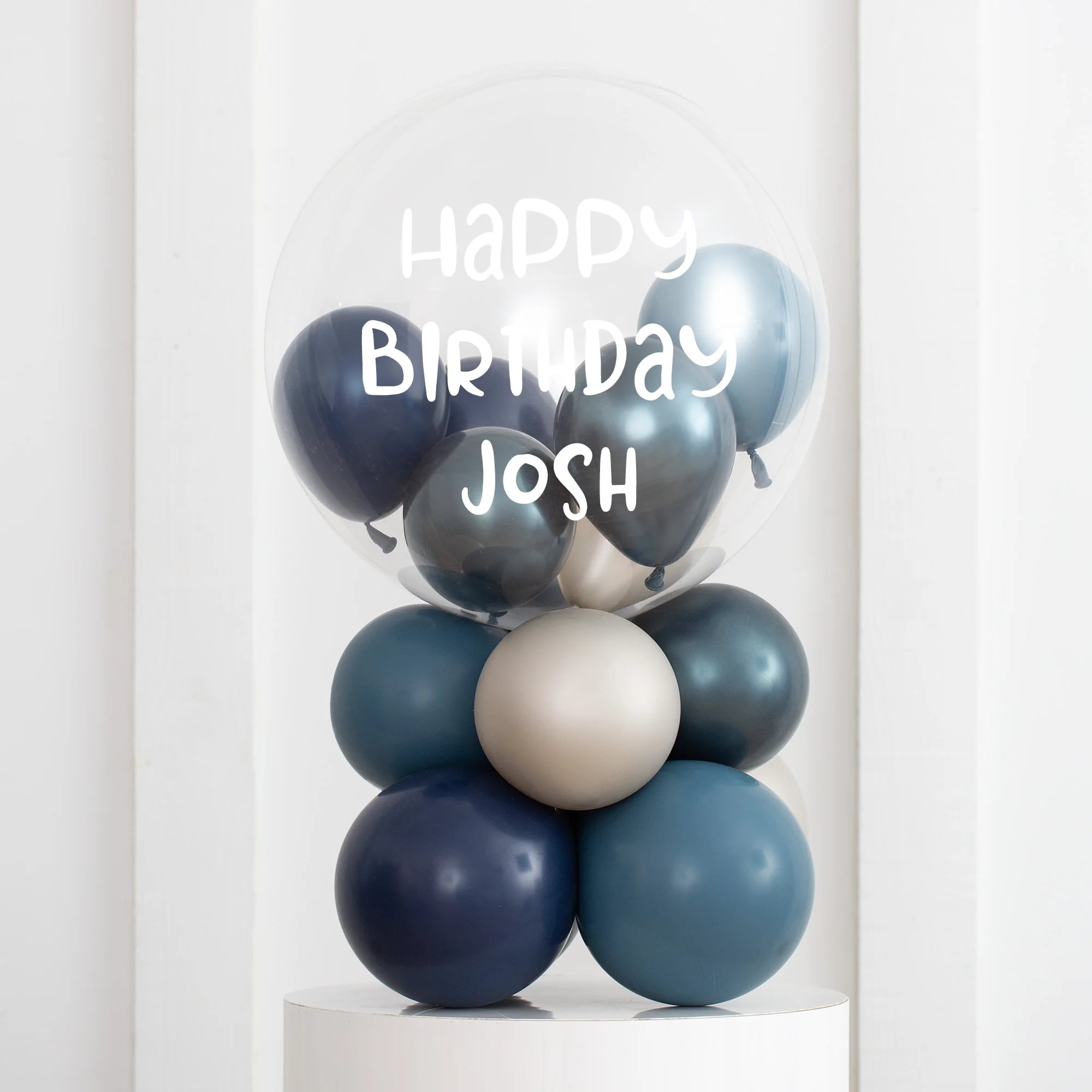 Personalised Blue Mini Filled Bubble Balloon Stack - Delivered Inflated!
