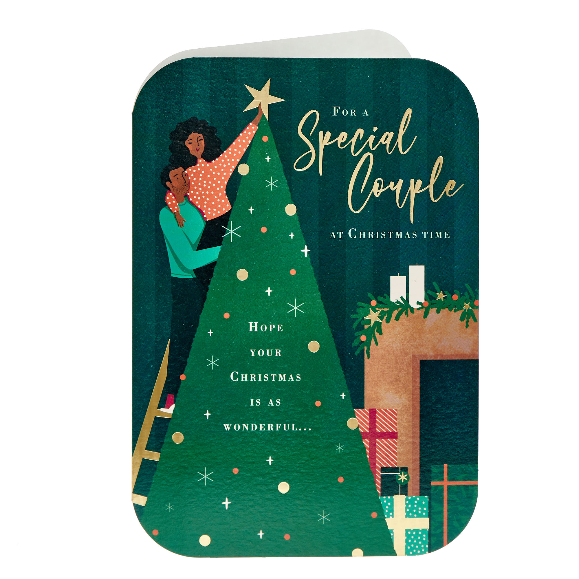 Special Couple Putting Up The Tree Christmas Card
