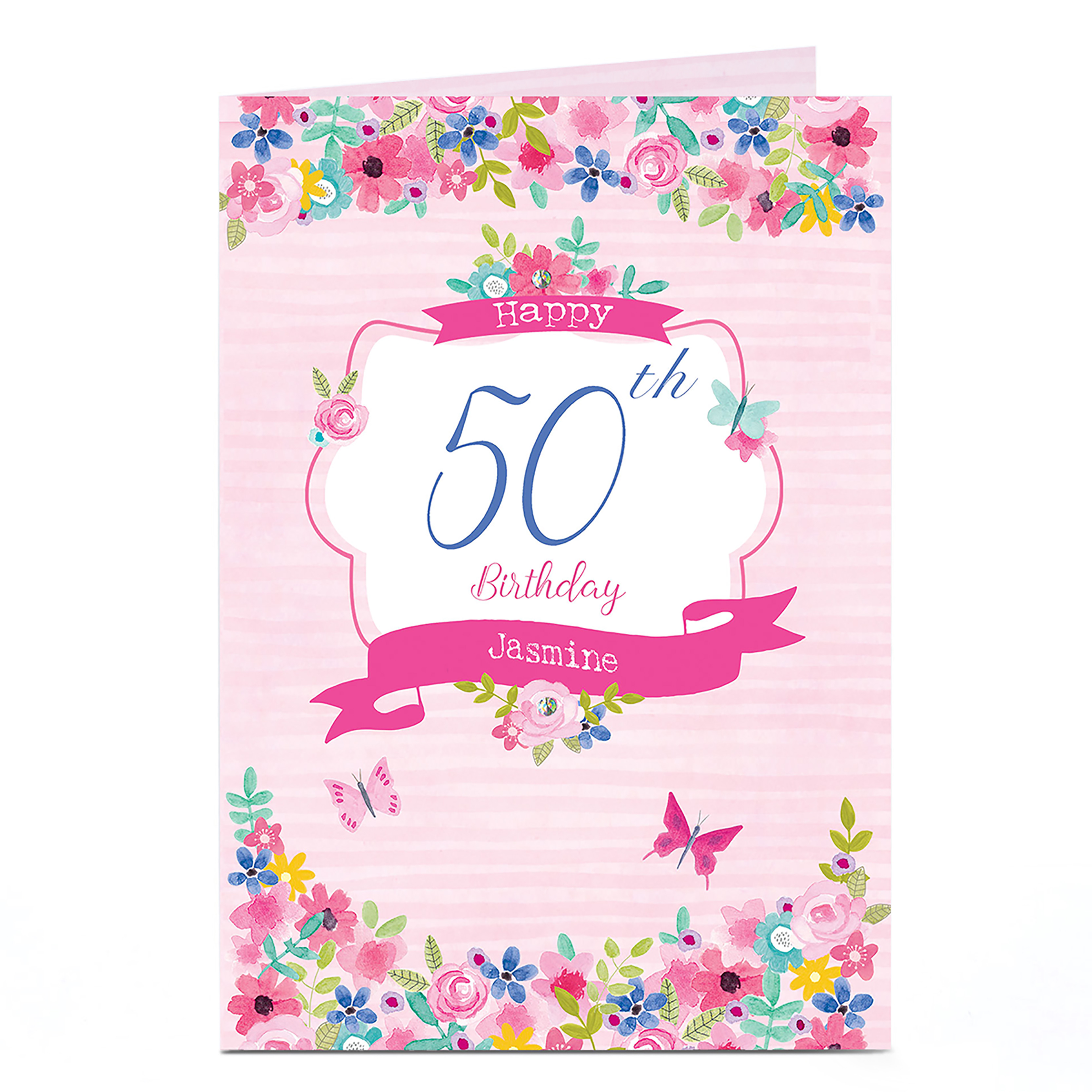 Personalised Any Age Birthday Card - Stripes, Florals & Butterflies