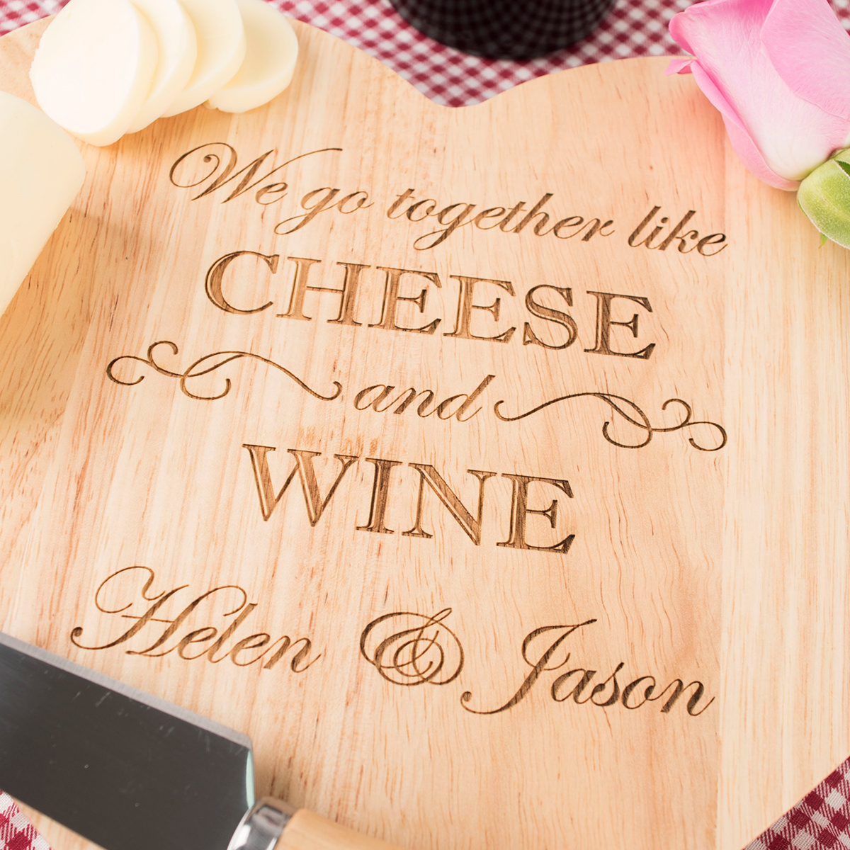 Personalised Engraved Heart-Shaped Wooden Cheeseboard Set - Like Cheese & Wine