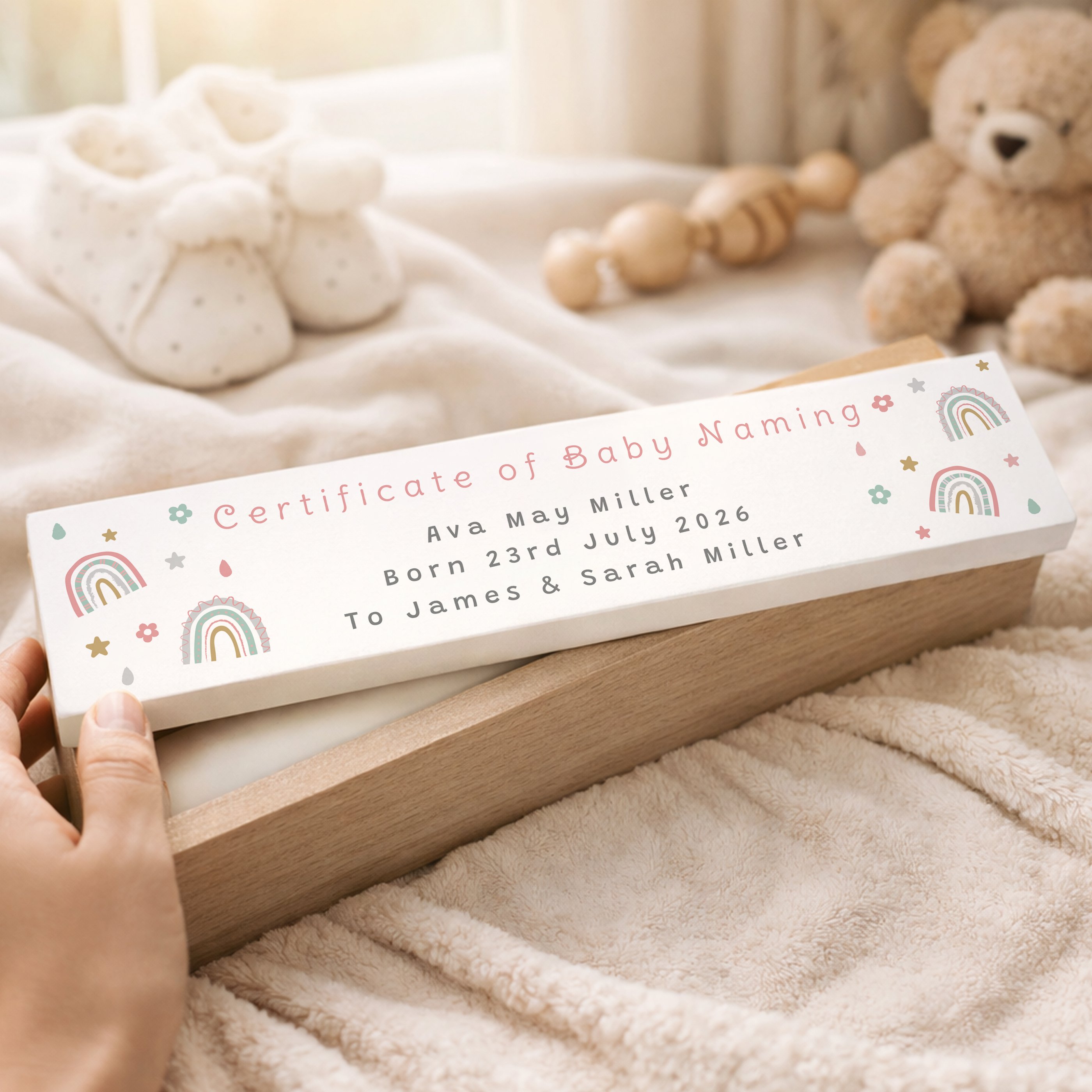 Personalised Rainbow Wooden Birth Certificate Holder