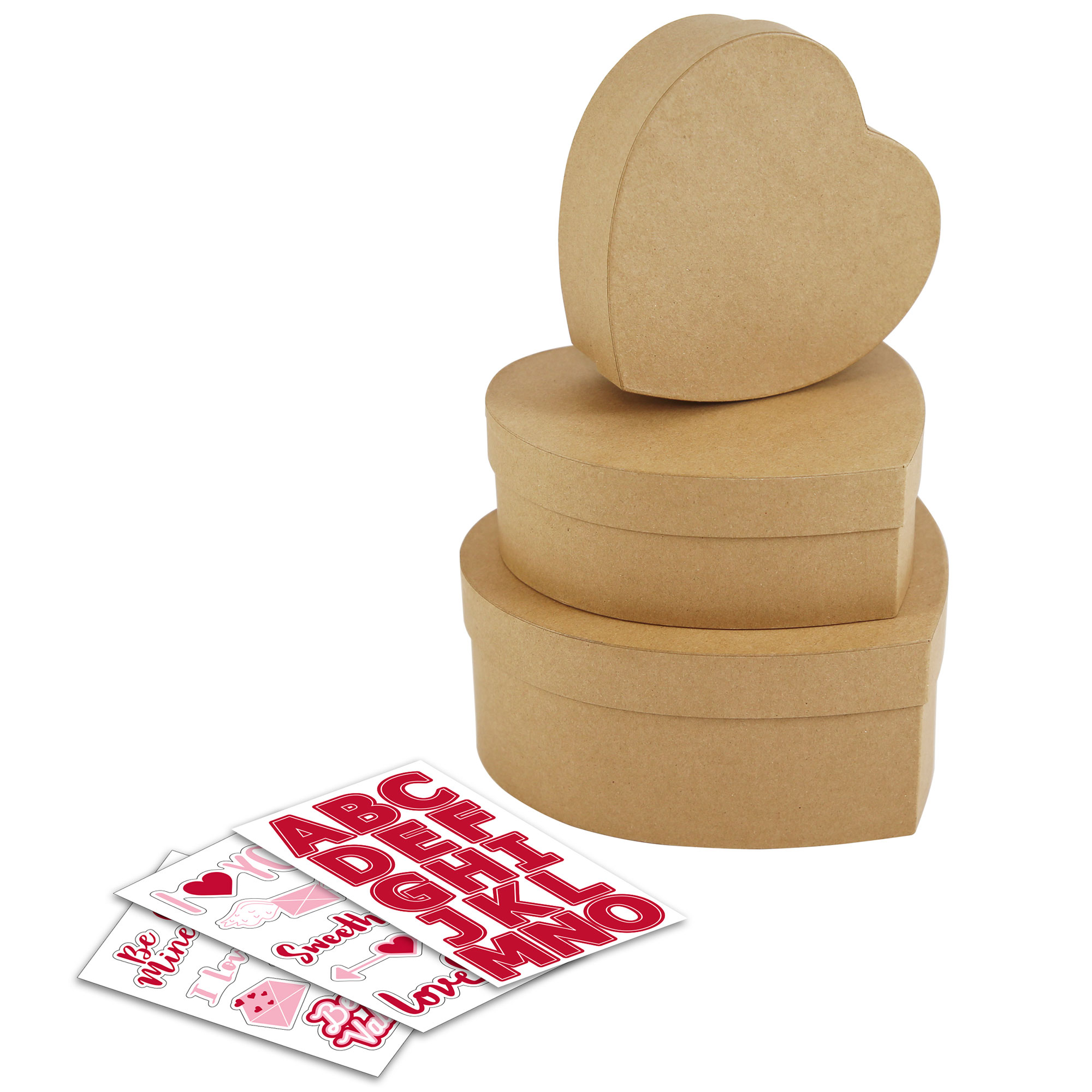 Pack of 3 Kraft Heart Boxes With Valentine's Stickers
