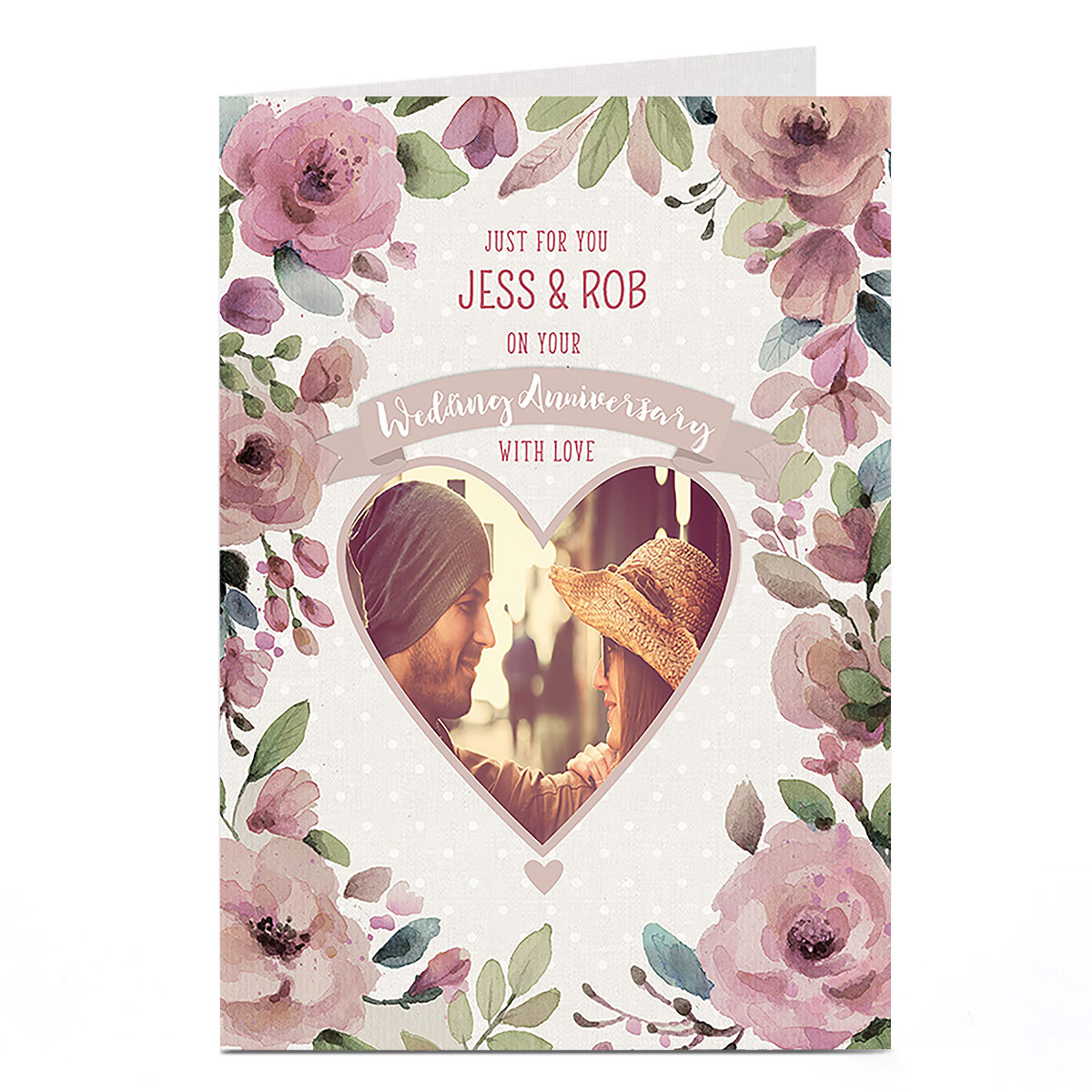 Photo Anniversary Card - Love Heart & Pink Flowers