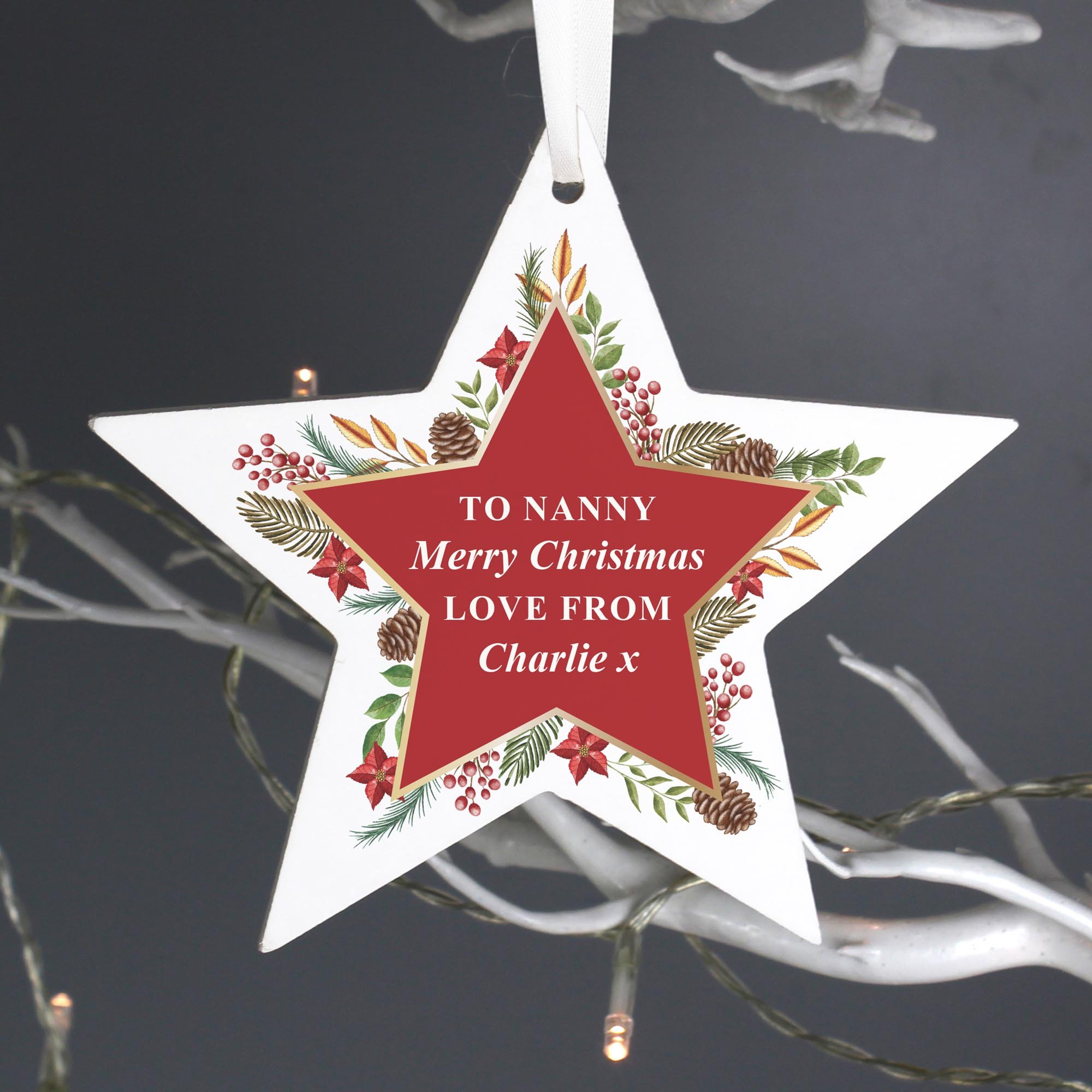 Personalised Christmas Wreath Wooden Star Decoration,  Personalised Christmas Wreath Wooden Star Decoration
