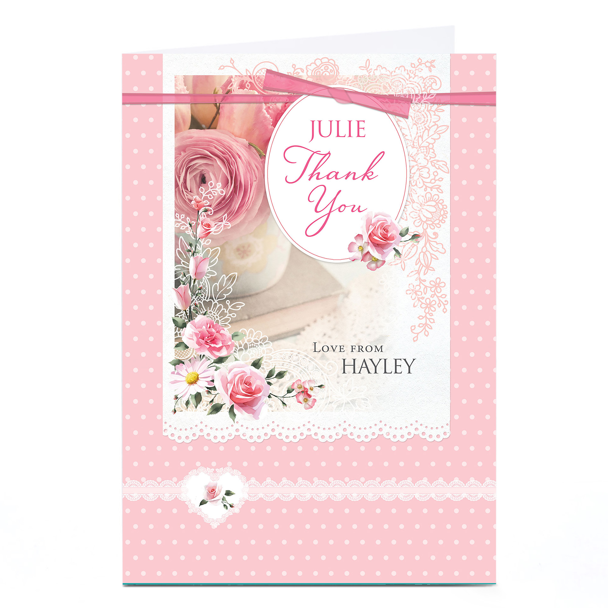 Personalised Thank You Card - Pink Roses & Lace