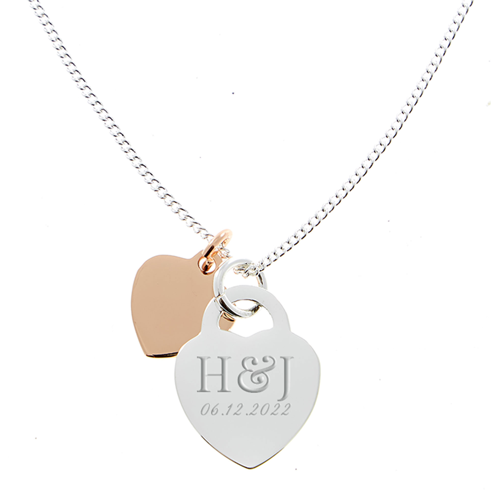 Personalised Engraved Silver Necklace With Rose Gold Heart