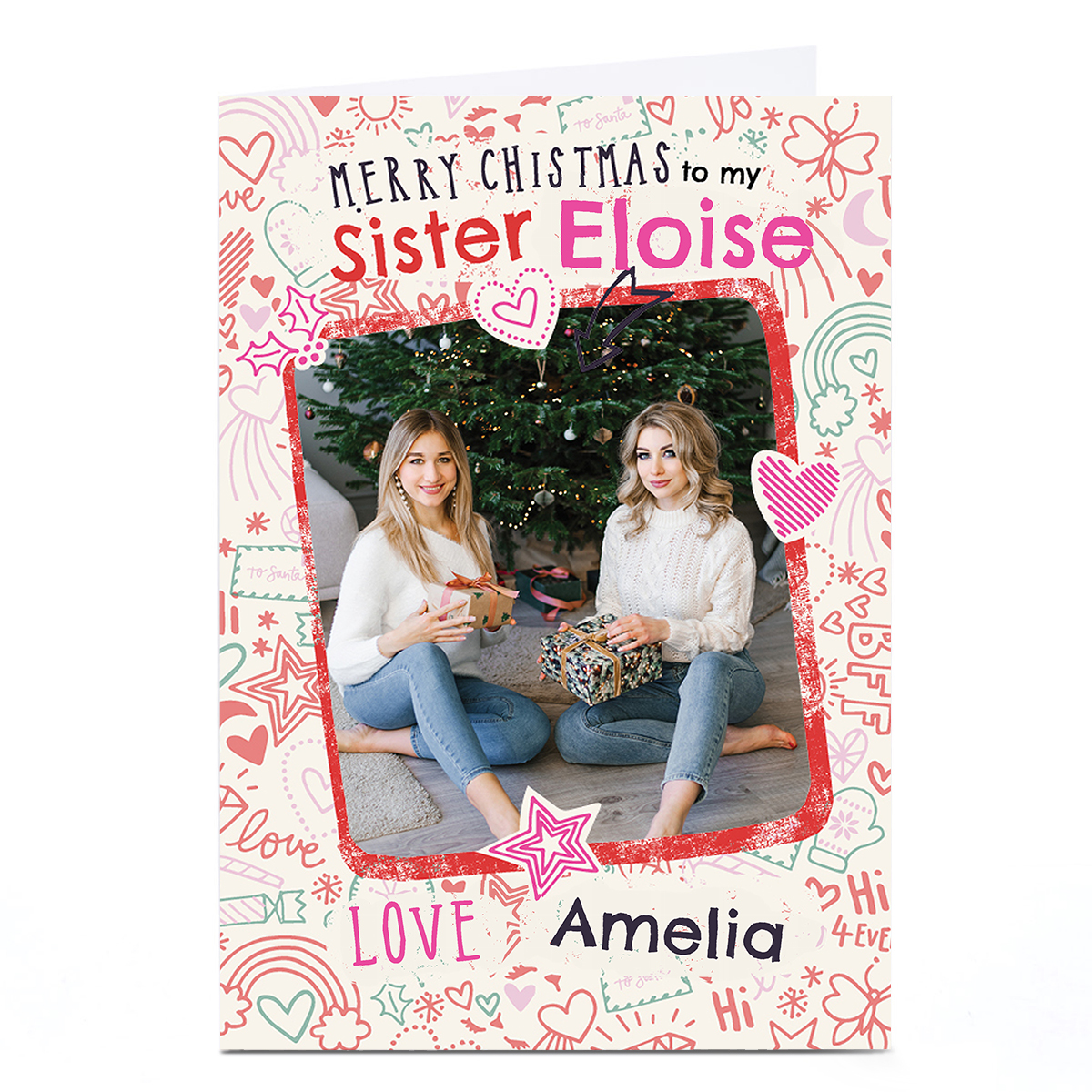 Photo Bev Hopwood Christmas Card - Festive Doodles and Hearts, Sister