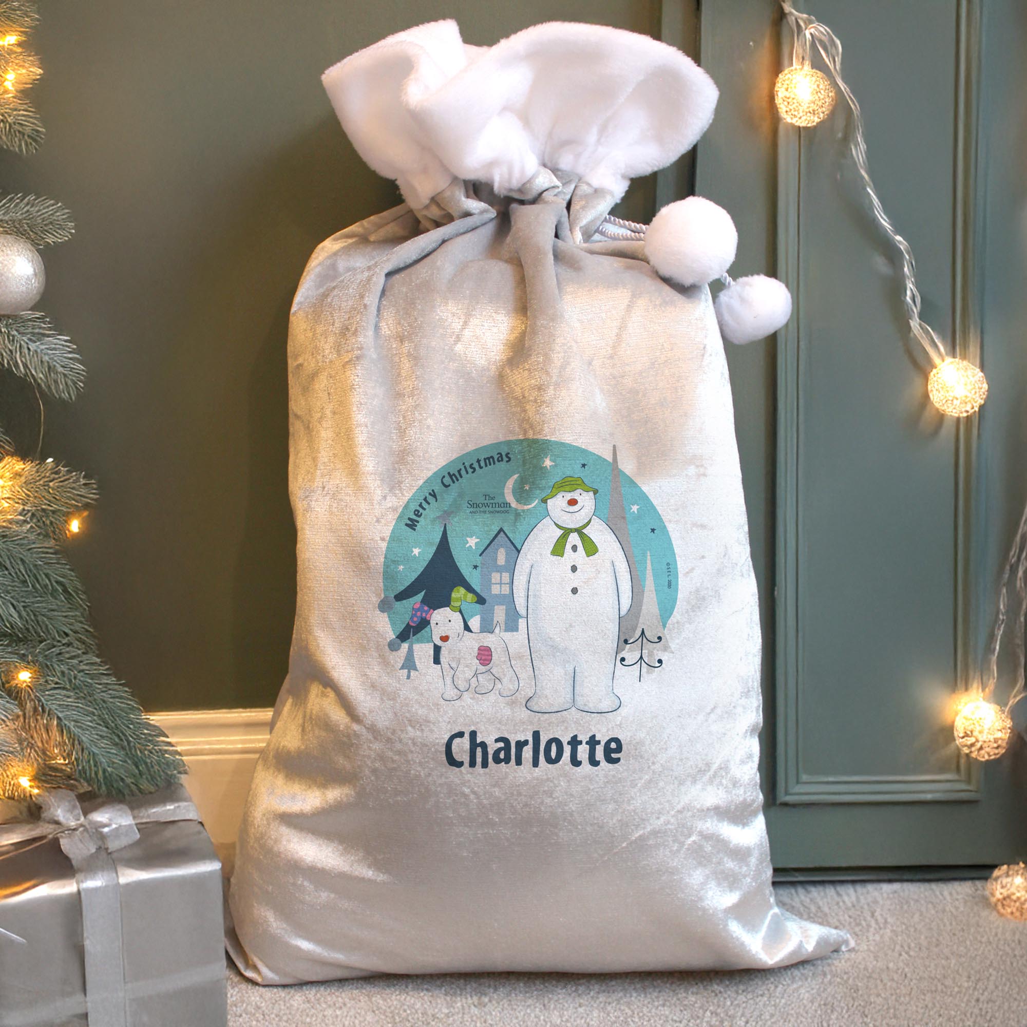 Personalised The Snowman & the Snowdog Luxury Silver Grey Pom Pom Sack