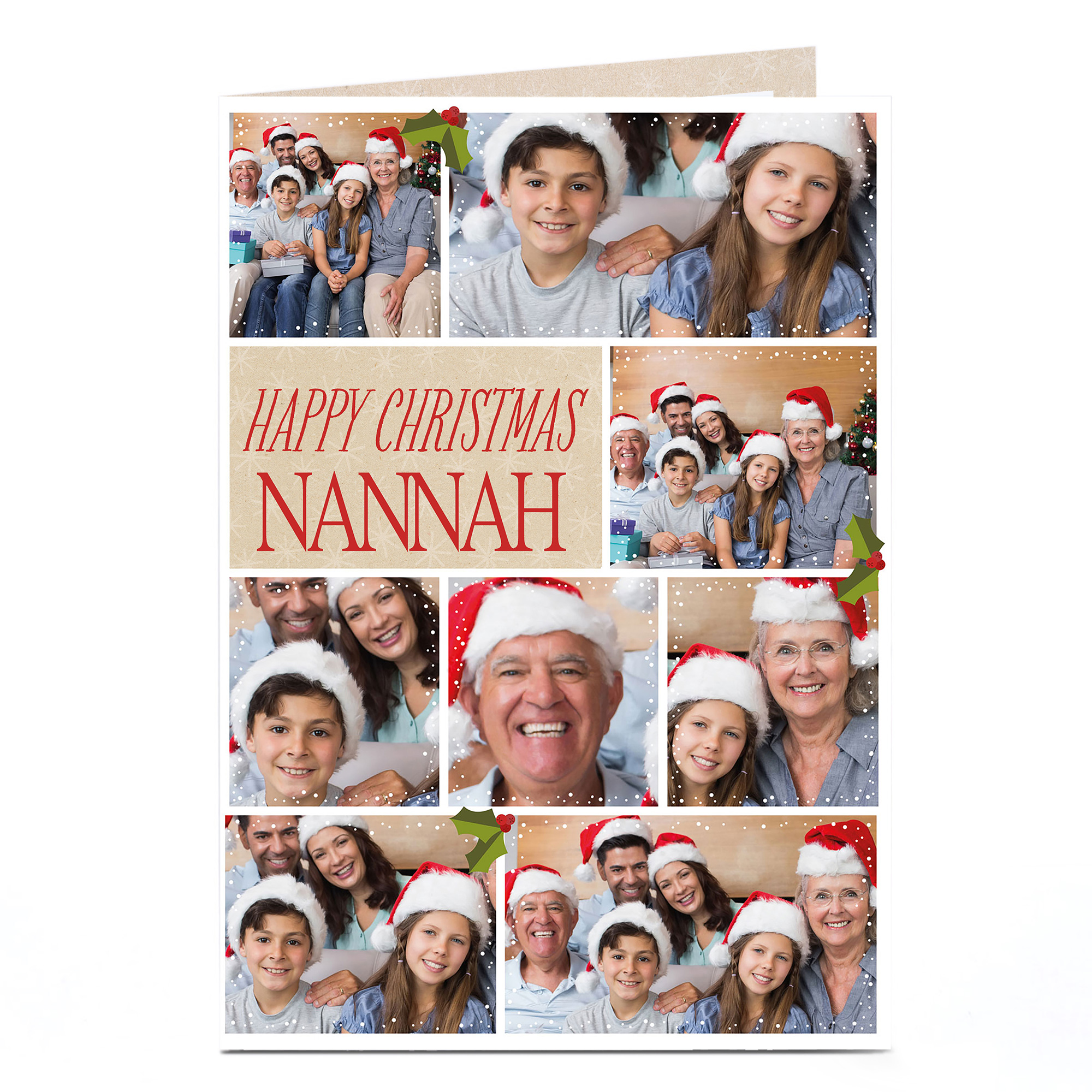 Multi Photo Christmas Card - Eight Photos & Holly Berries Nanna