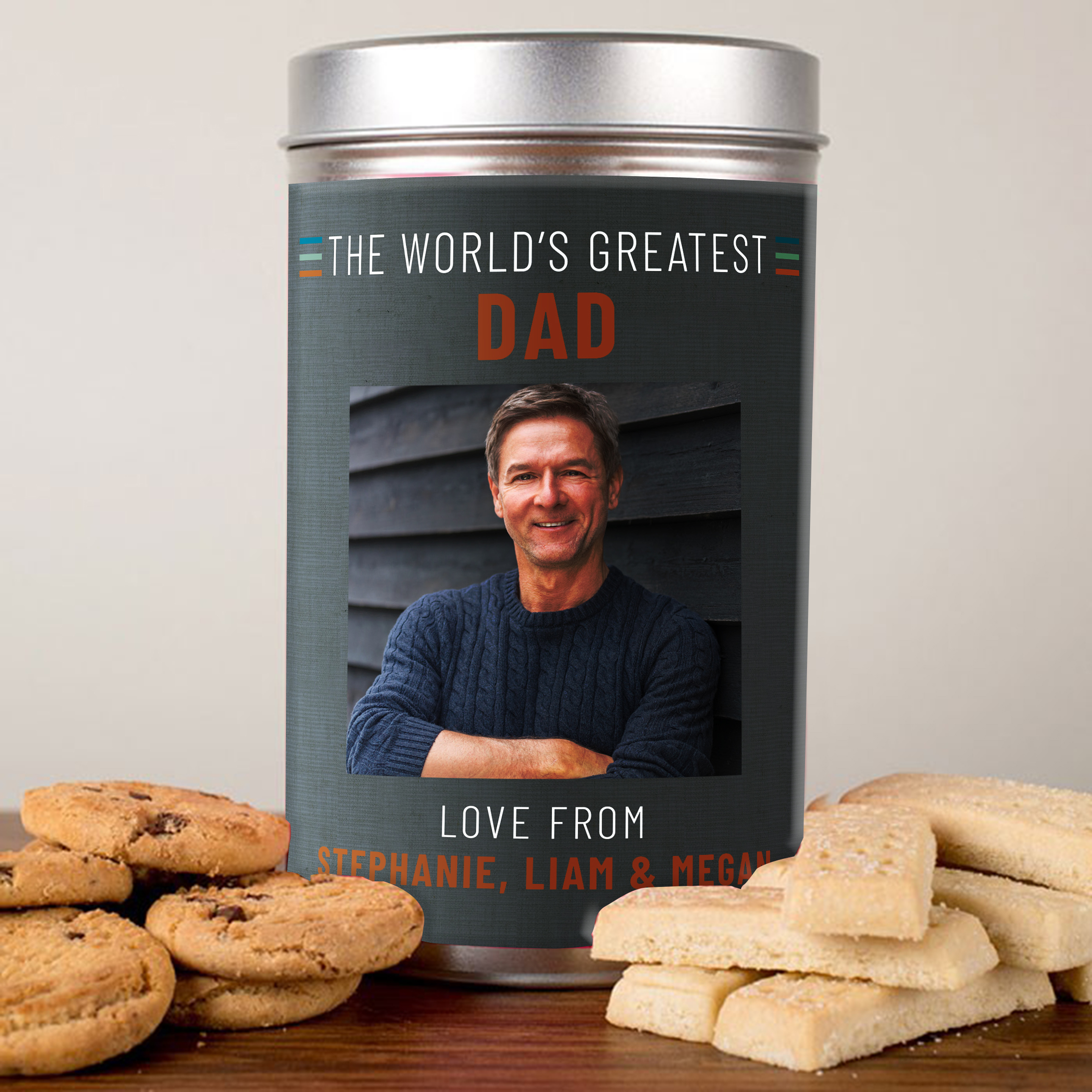 Photo Personalised Tin with Biscuits - World's Greatest, Any Name