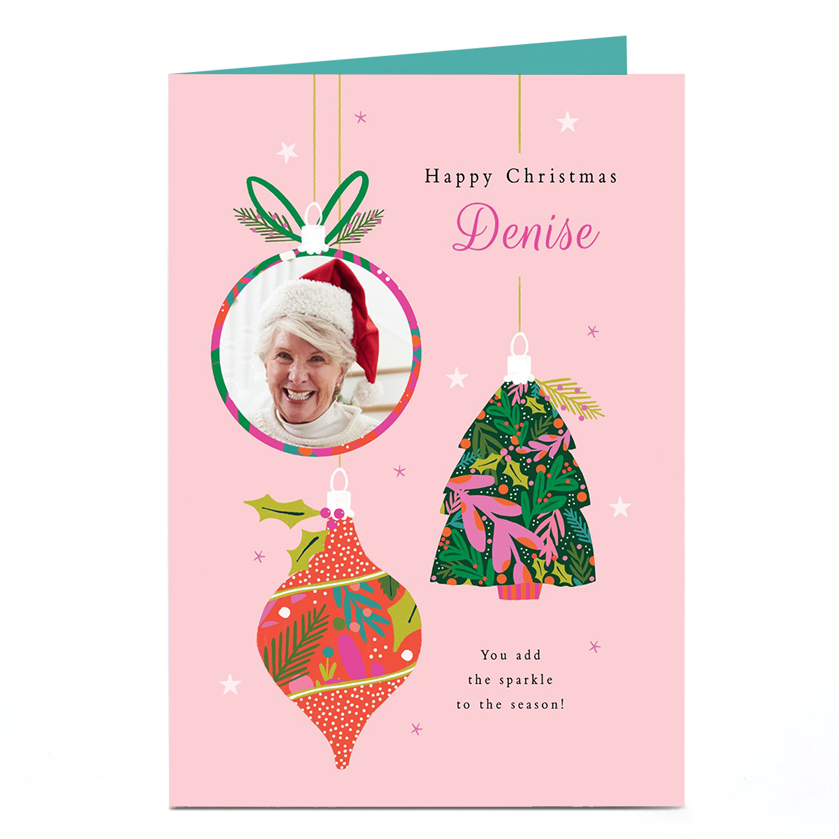 Photo Christmas Card - Pink Modern Baubles, Any Name