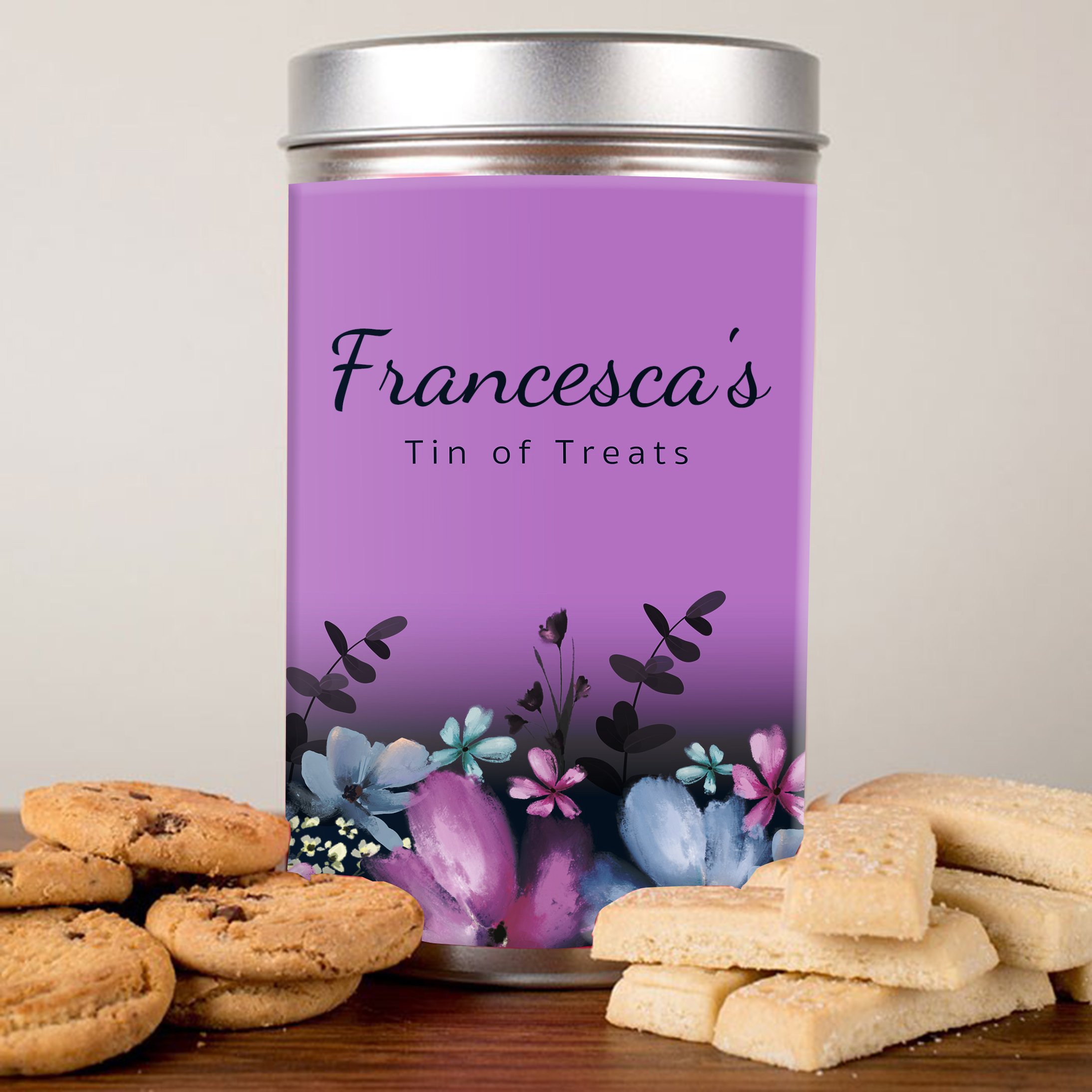 Personalised Tin with Biscuits - Purple Floral, Tin of Treats
