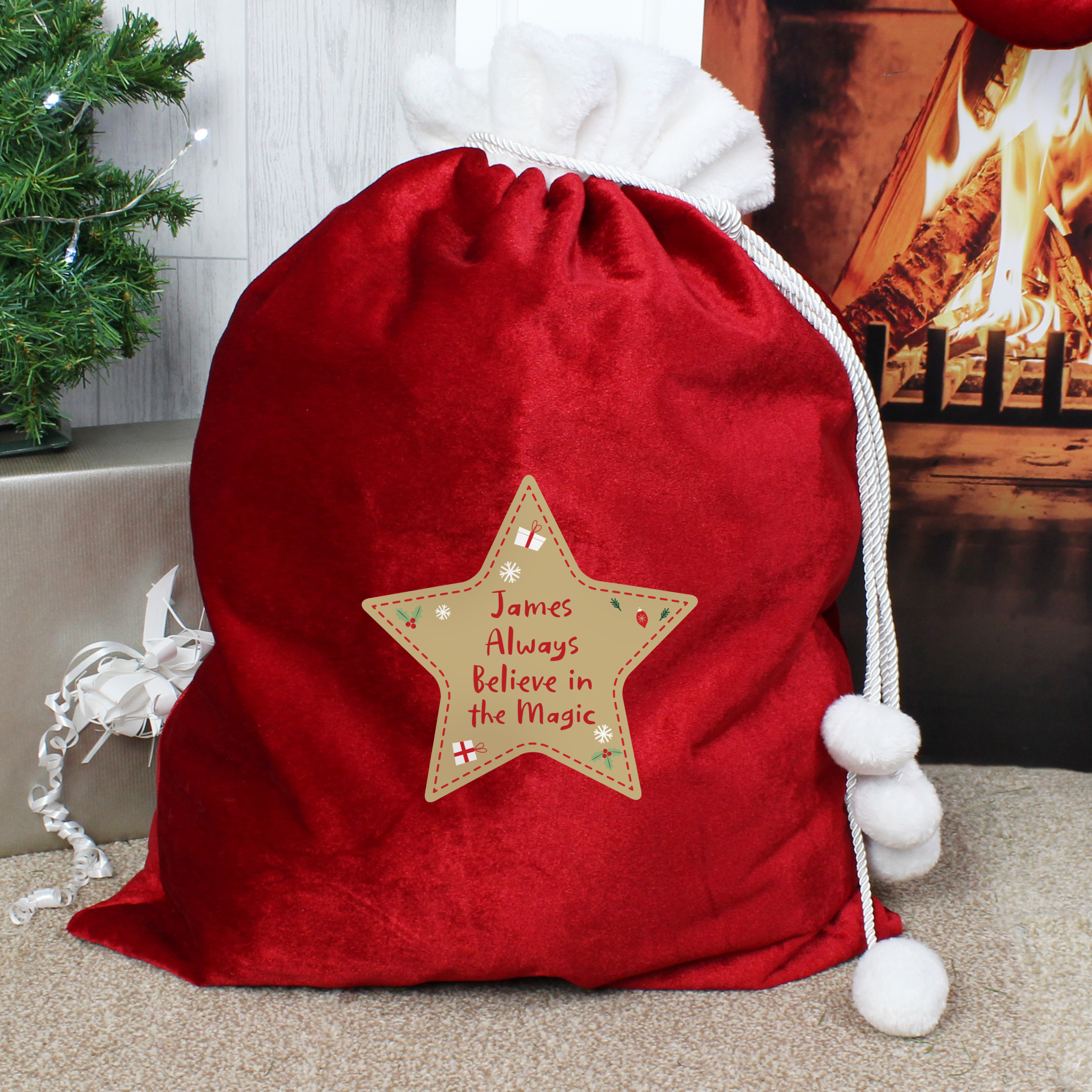 Personalised Red Star Pom-Pom Christmas Sack