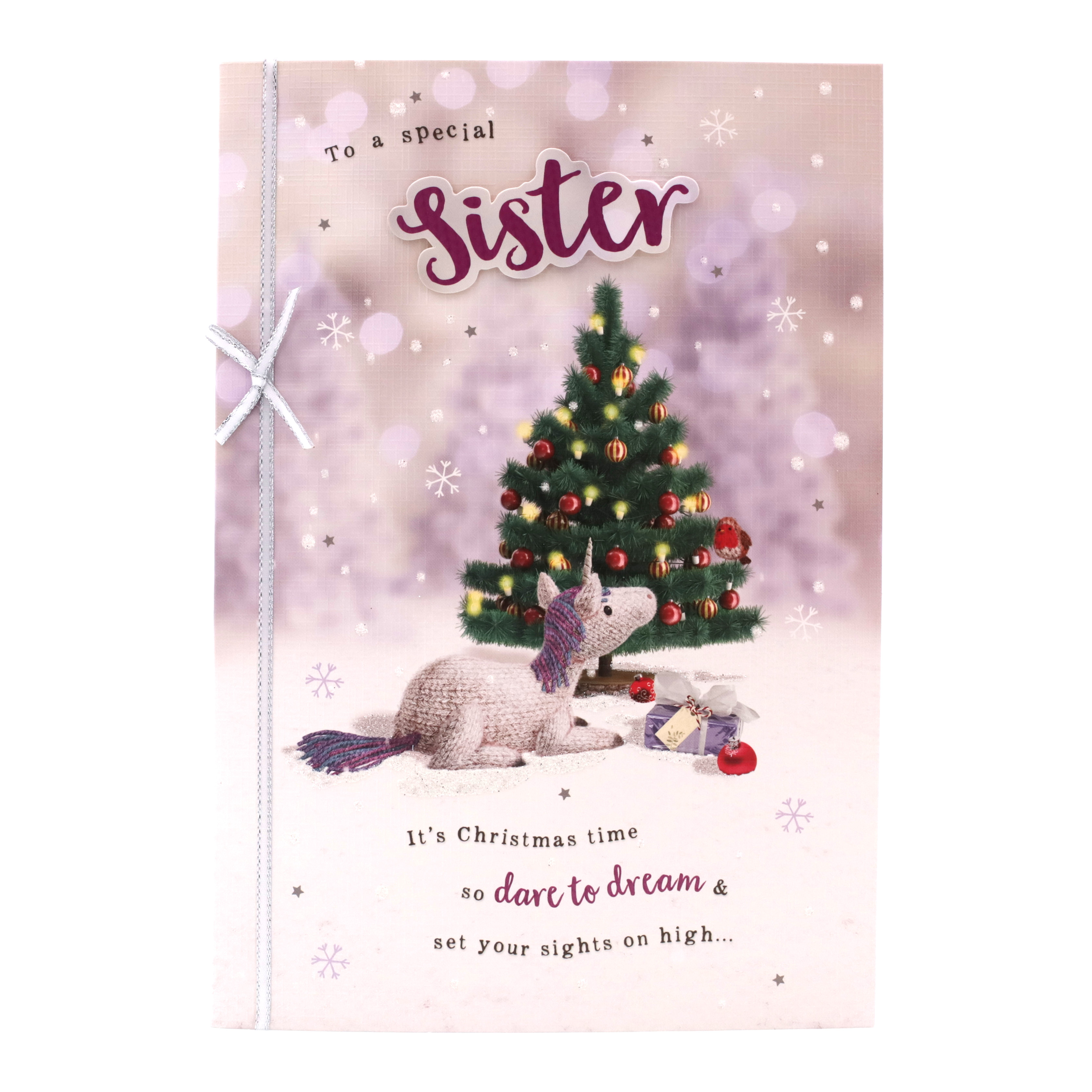 Christmas Card - Special Sister, Cute Unicorn And Tree