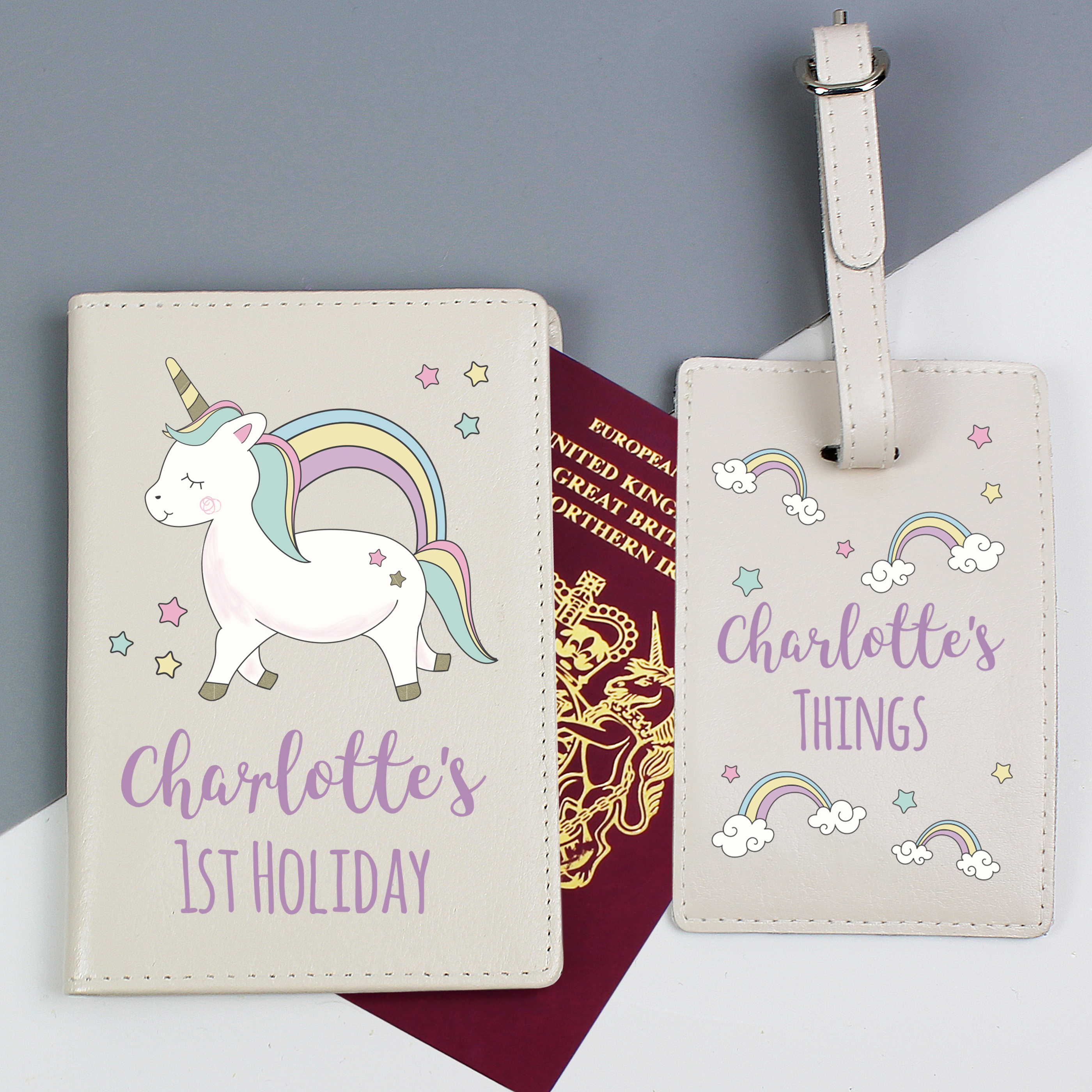 Personalised Baby Unicorn Passport Holder & Luggage Tag Set
