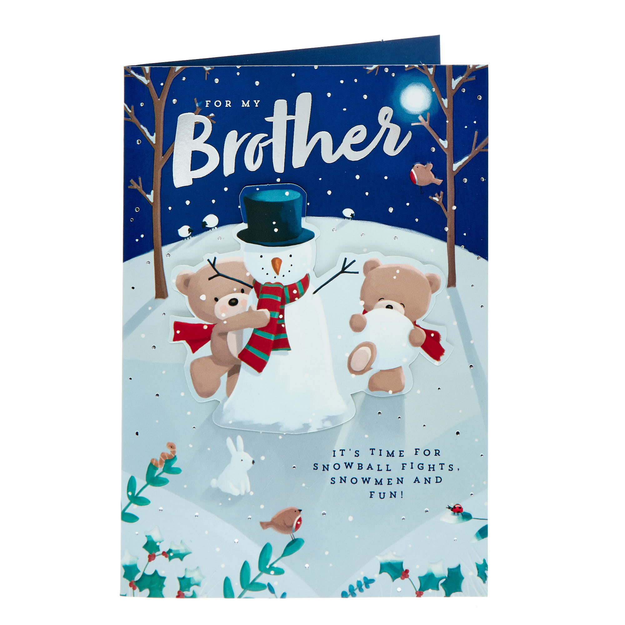 Brother Hugs Bear Snowman Christmas Card