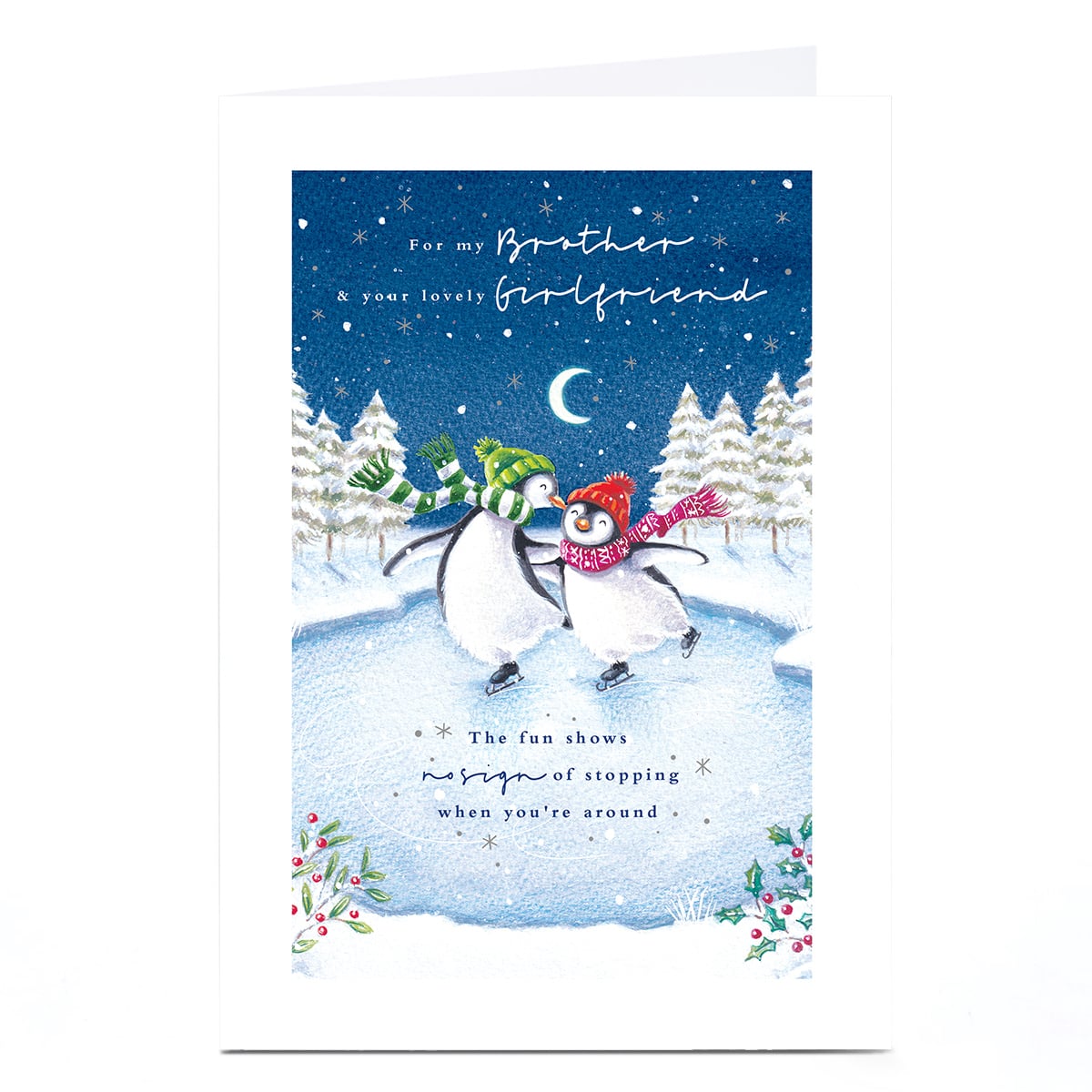 Christmas Card - Penguins Skating, Brother & Your Lovely Girlfriend