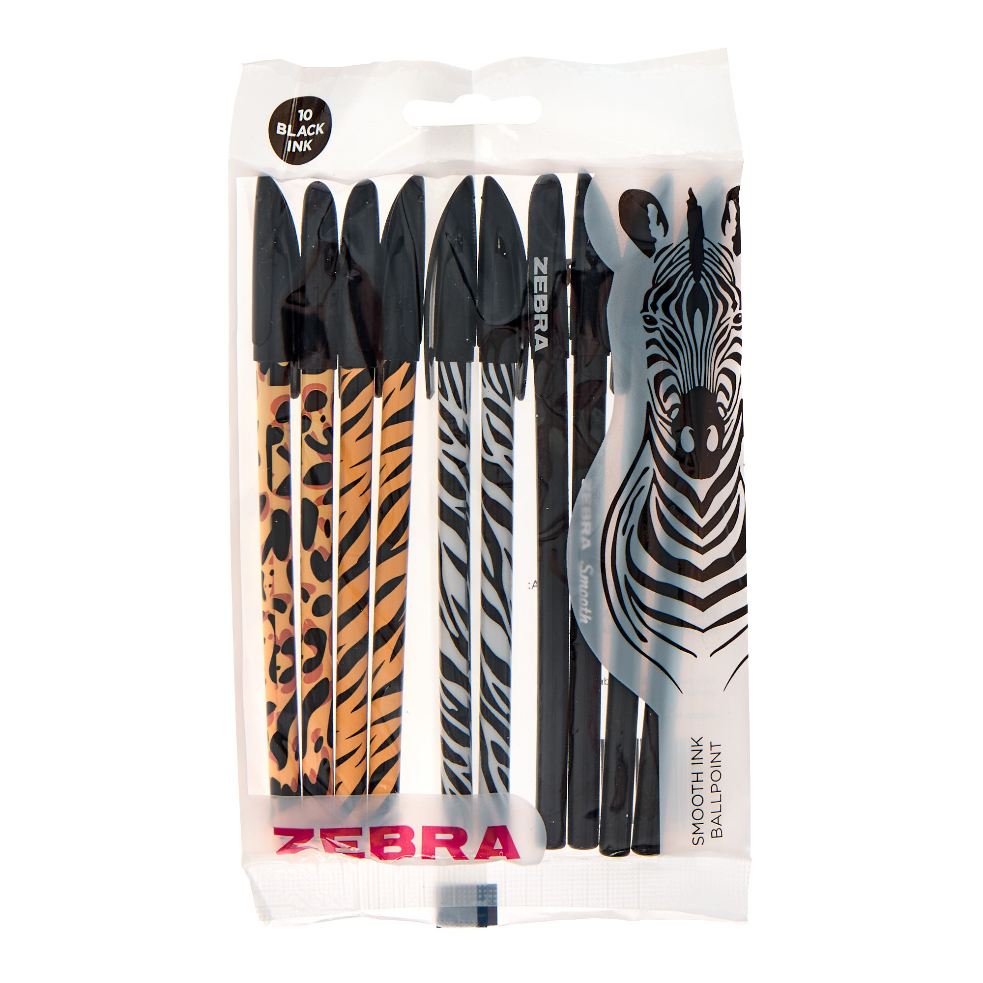 Zebra Smooth Animal Print Black Ball Point Pens - Pack of 10