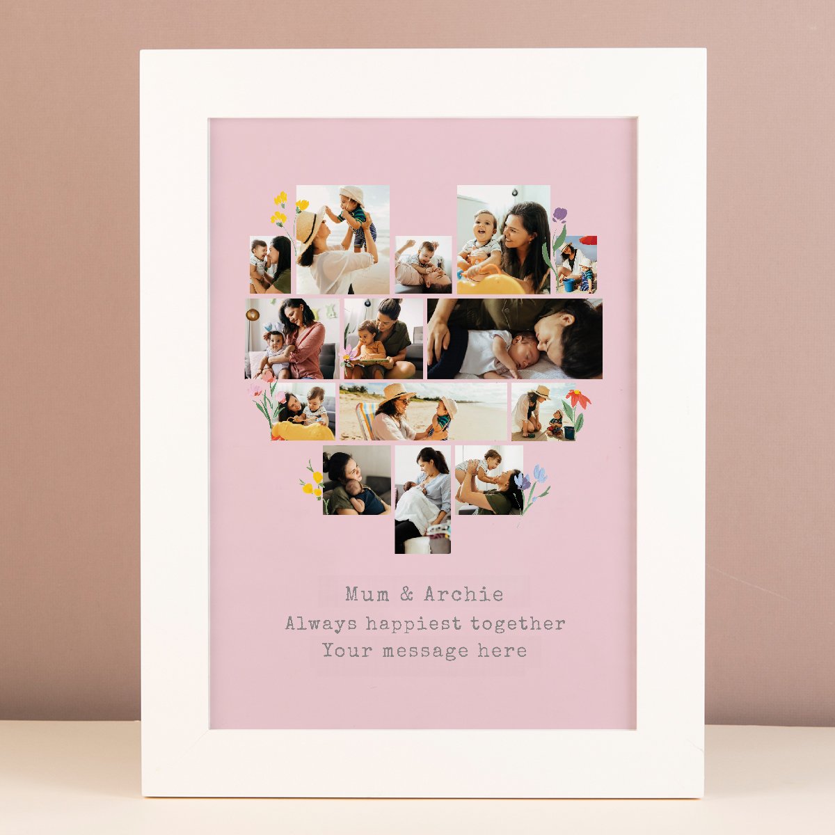 Multi Photo Framed Heart Print -  Pink with Flowers