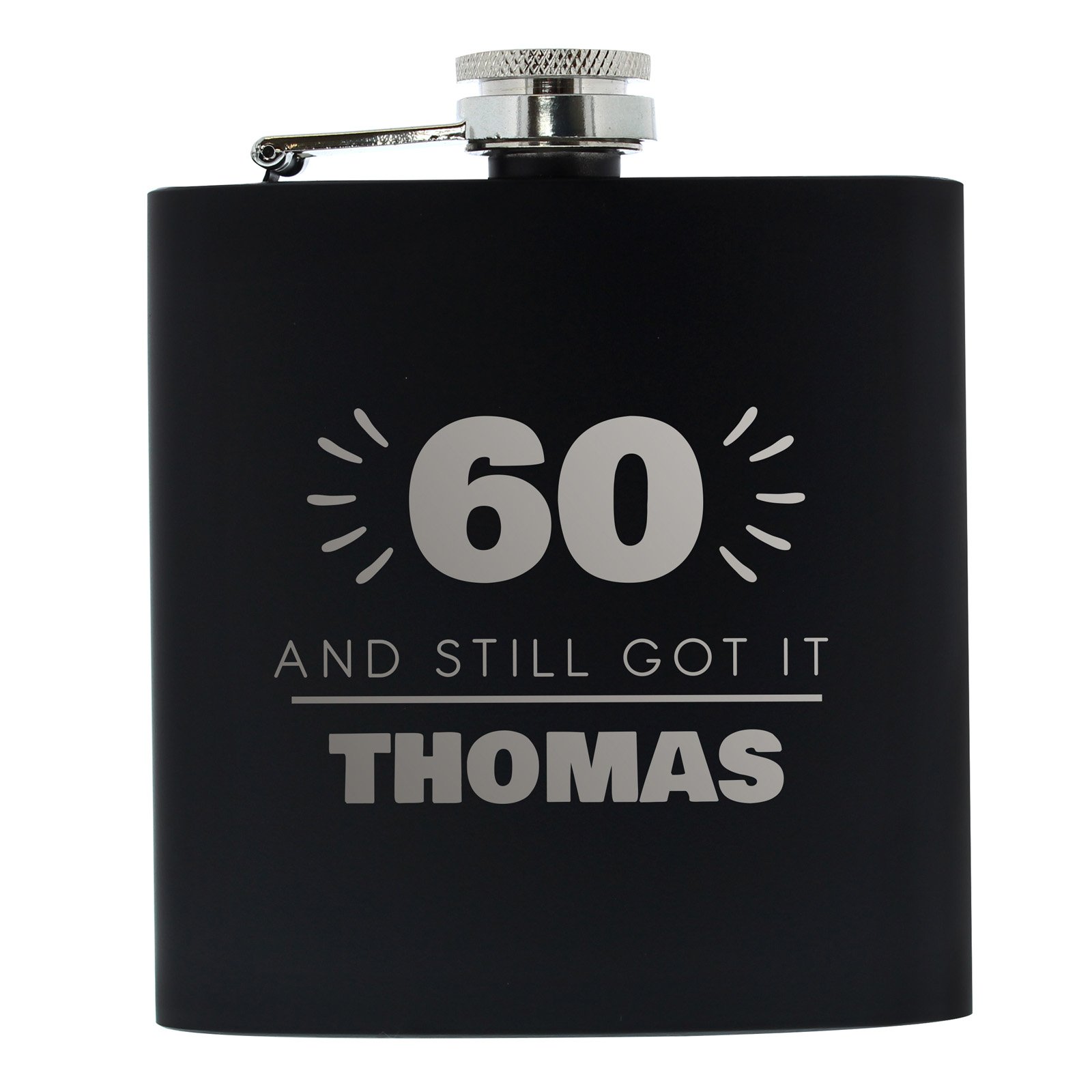 Personalised 60th Birthday Hip Flask - Black & Silver