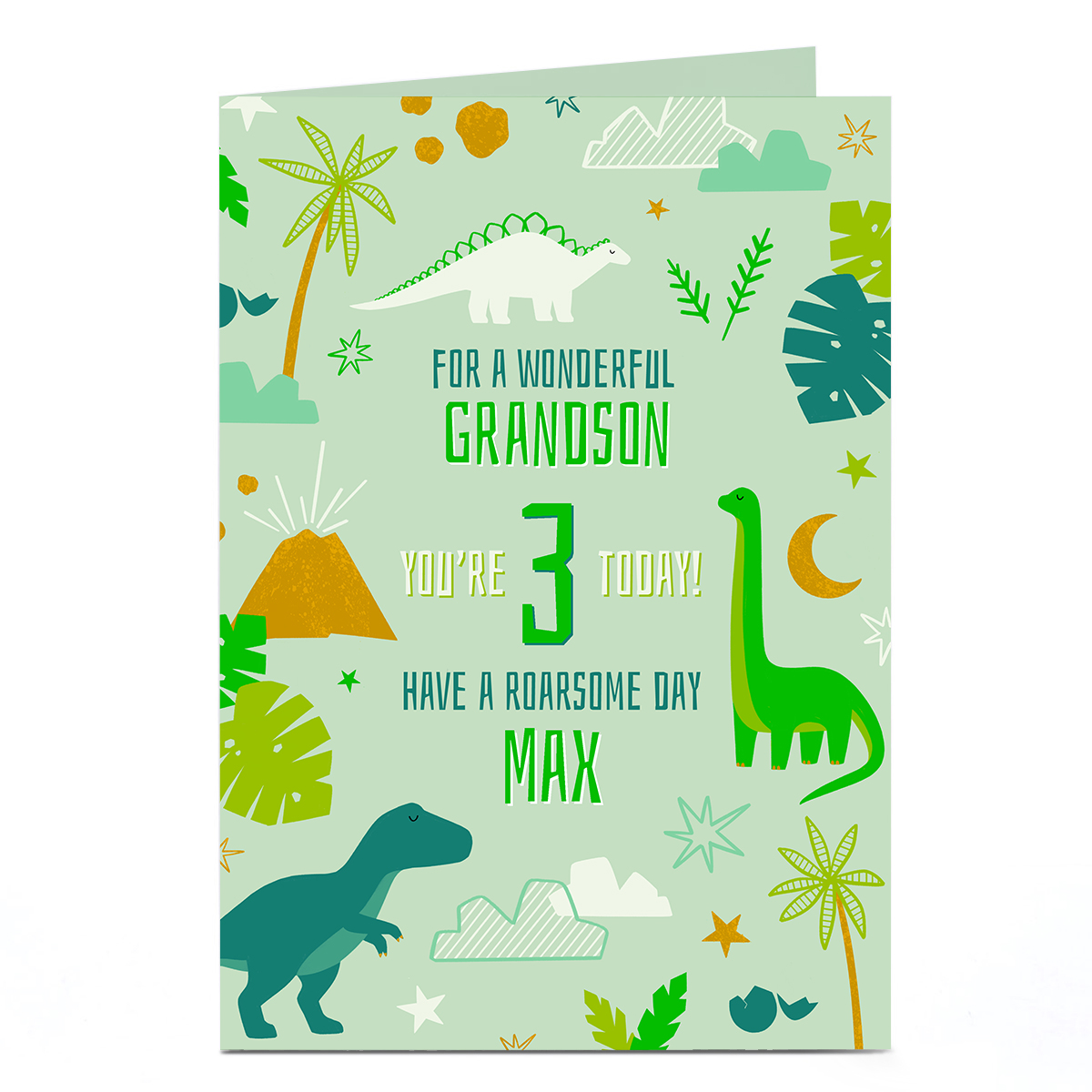 Personalised Birthday Card - Roarsome Green Dinosaurs, Grandson