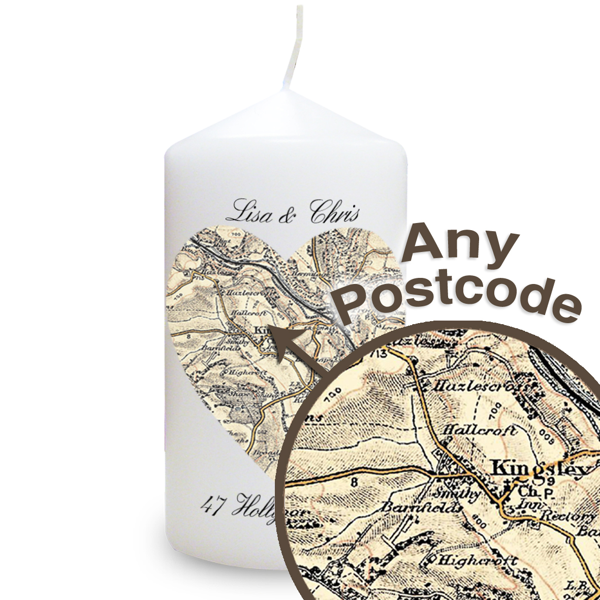 Personalised 1896-1904 Heart Map Pillar Candle