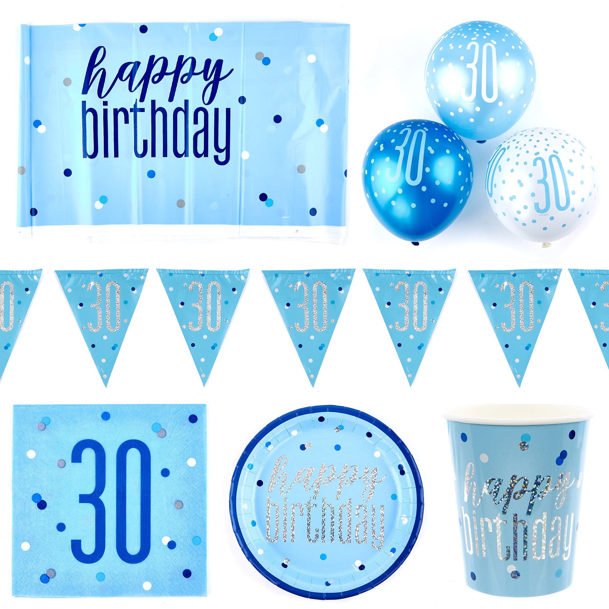 Blue 30th Birthday Party Tableware & Decorations Bundle - 16 Guests