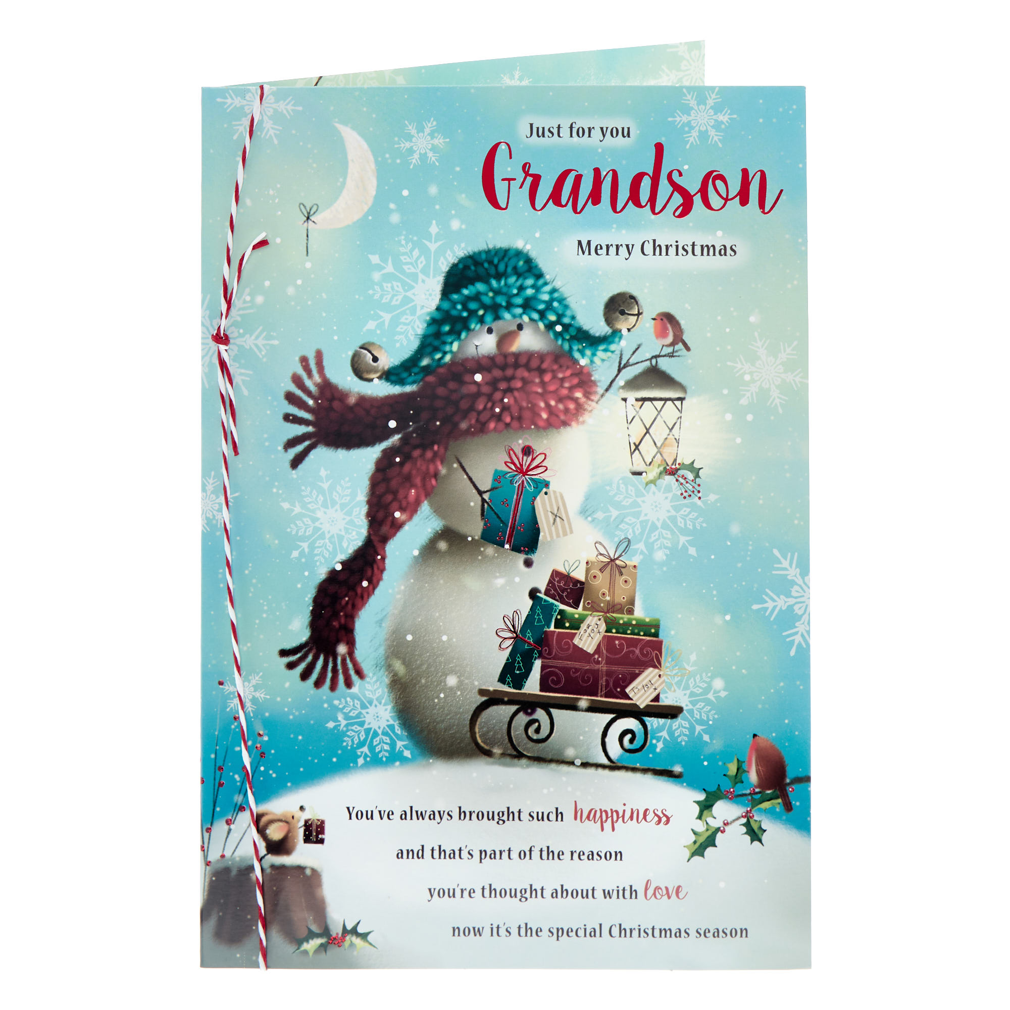 Grandson Snowman & Lantern Christmas Card