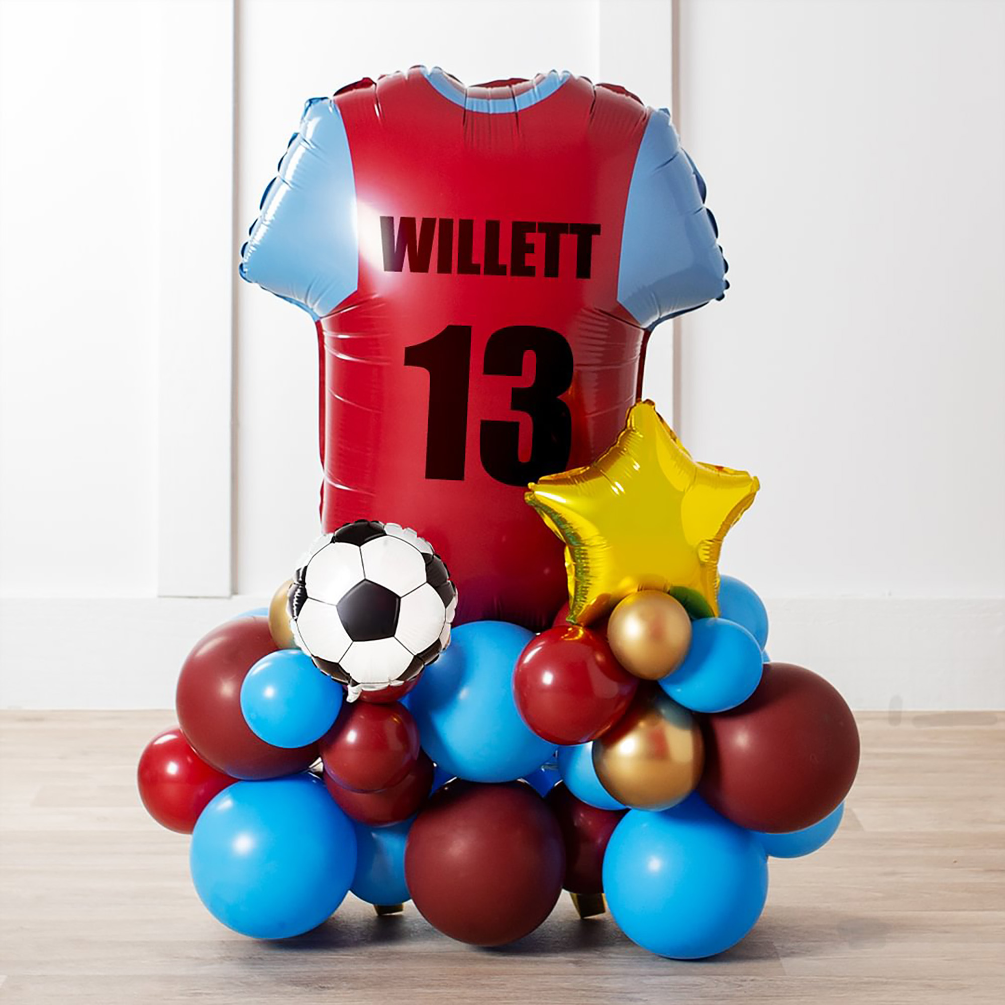 Personalised Claret & Blue Football Shirt Balloon Stack - Delivered Inflated!