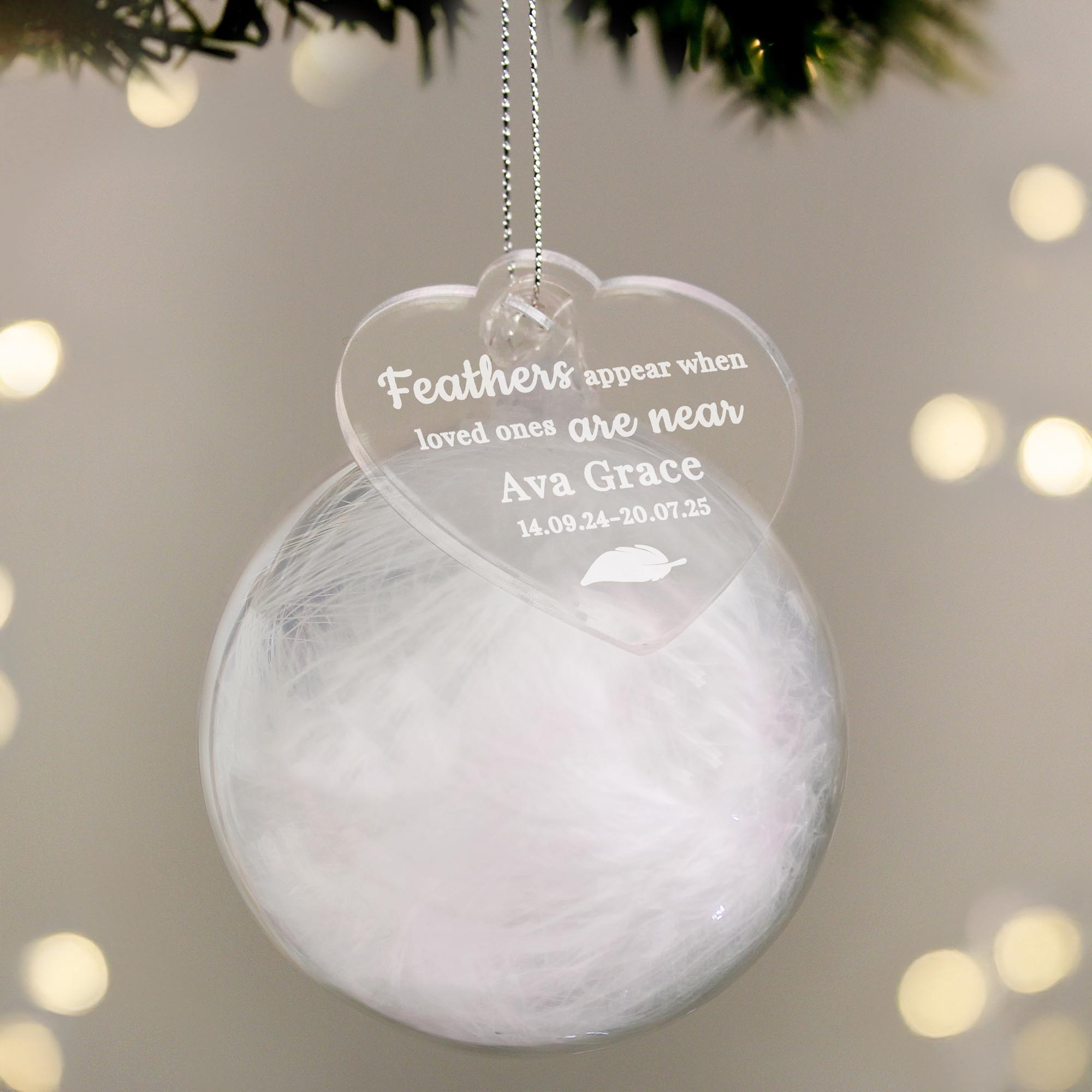 Personalised White Memorial Feather Bauble