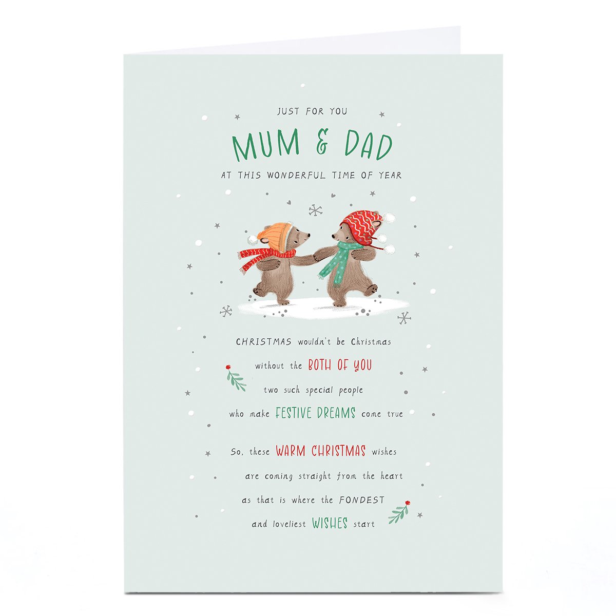 Personalised Christmas Card - Bear Couple in Hats and Scarves, Mum & Dad