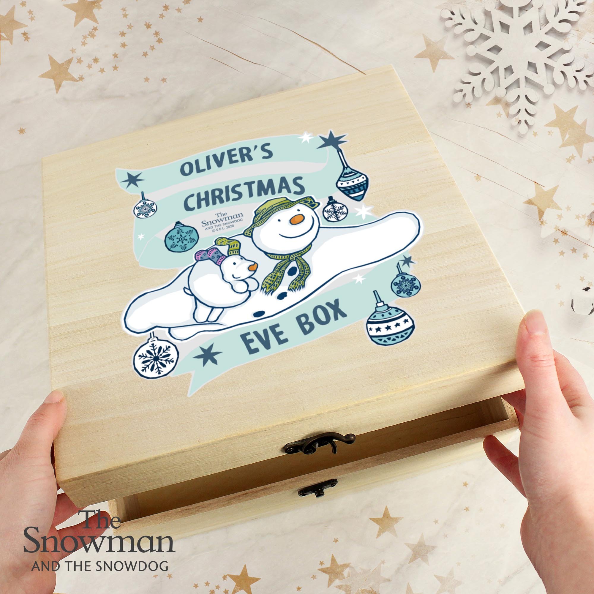 Personalised The Snowman & the Snowdog Large Wooden Christmas Eve Box