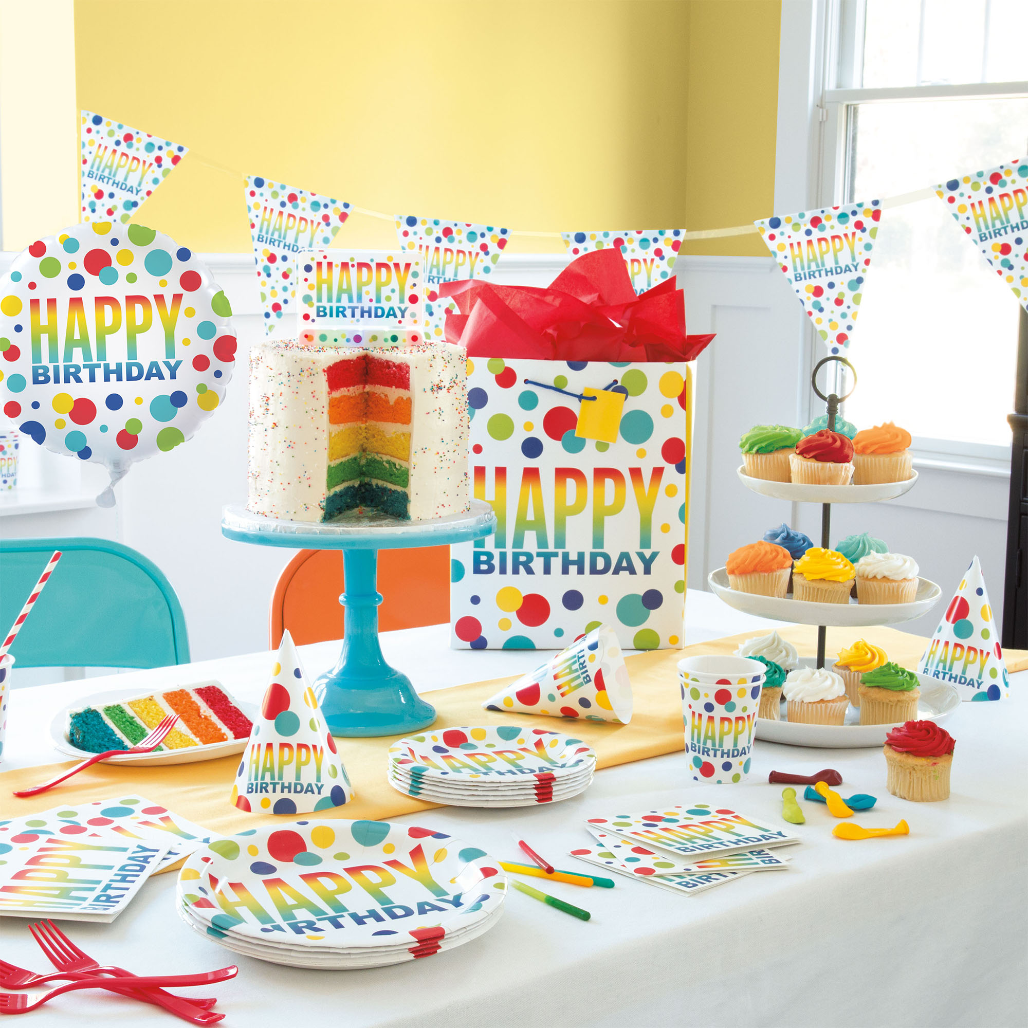 Rainbow Spots Birthday Tableware & Decorations - 16 Guests