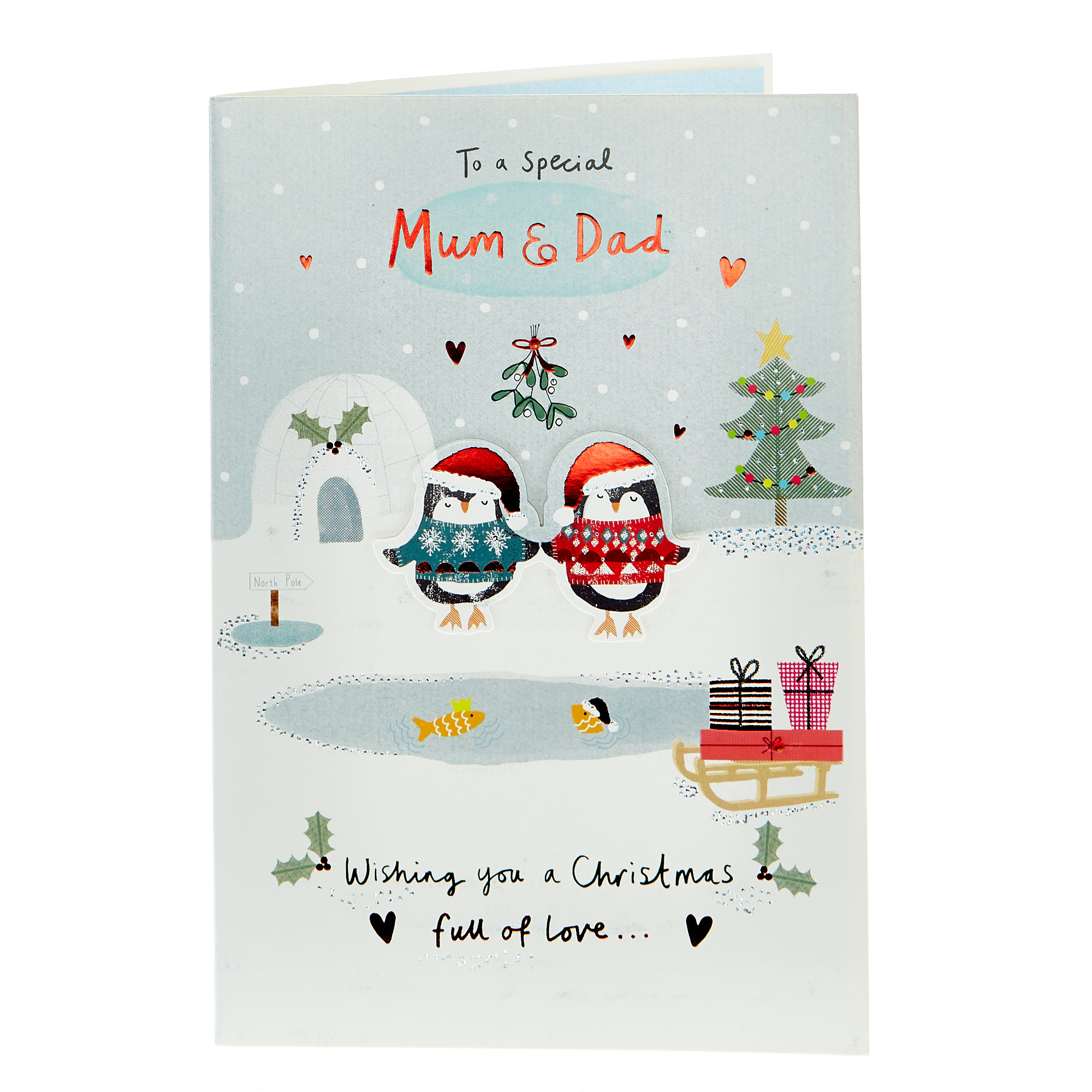 Christmas Card - Mum And Dad, Cute Penguins And Pond