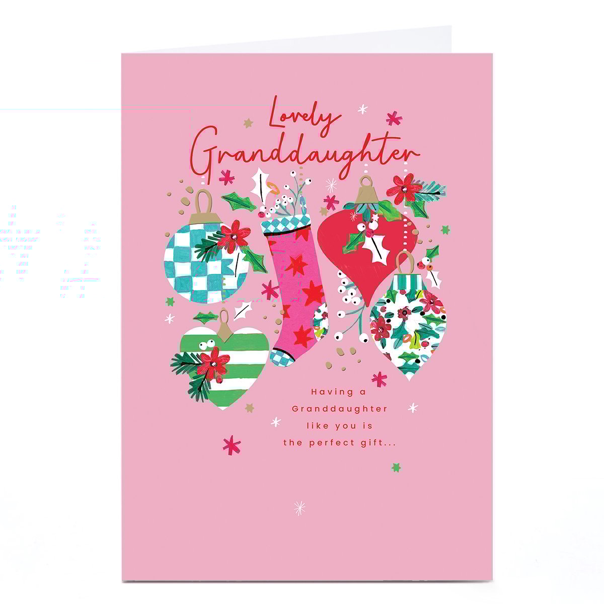 Personalised Christmas Card - Stocking and Baubles, Granddaughter