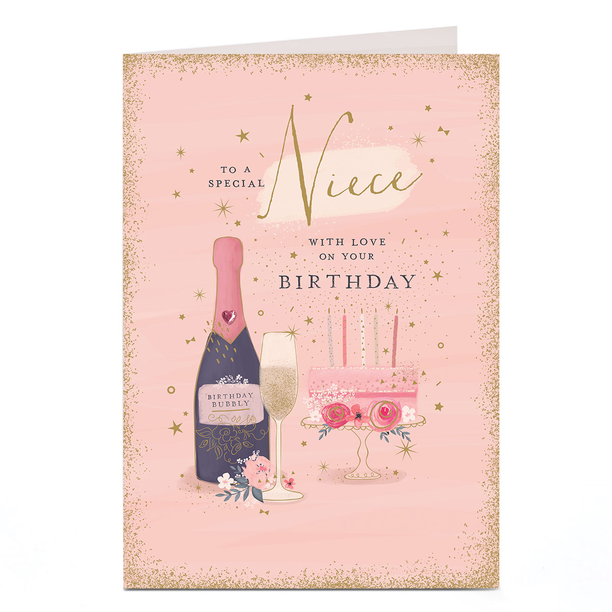 Birthday Card - Sparkle Champagne and Cake, Niece