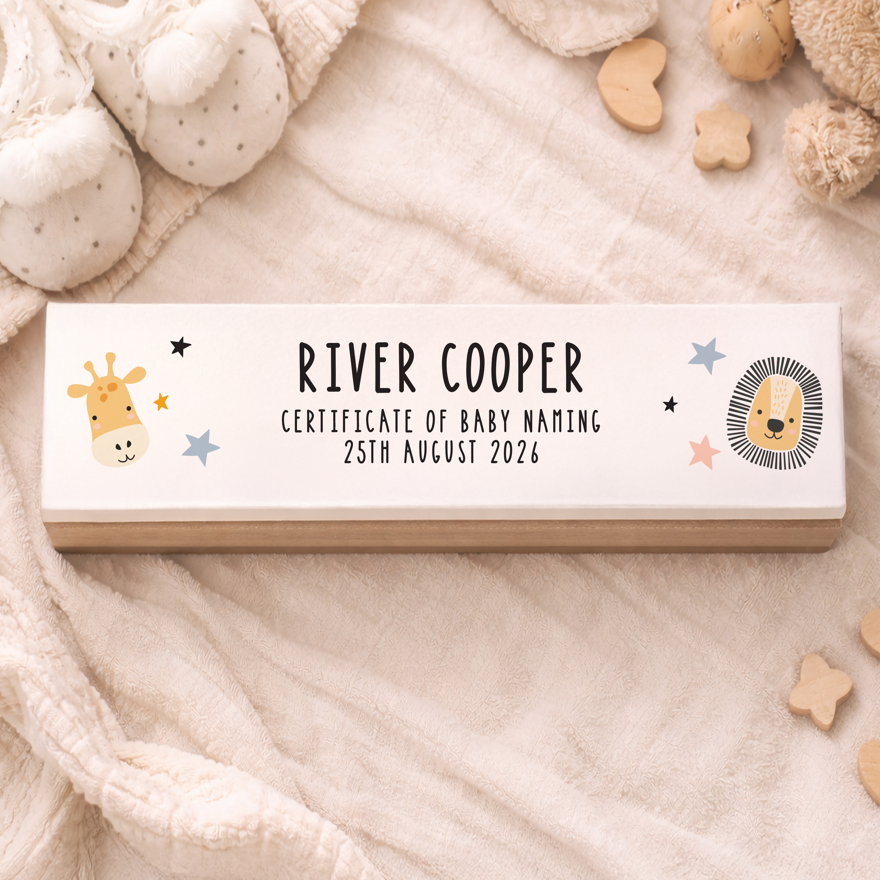 Personalised Scandi Safari Animals Wooden Birth Certificate Holder