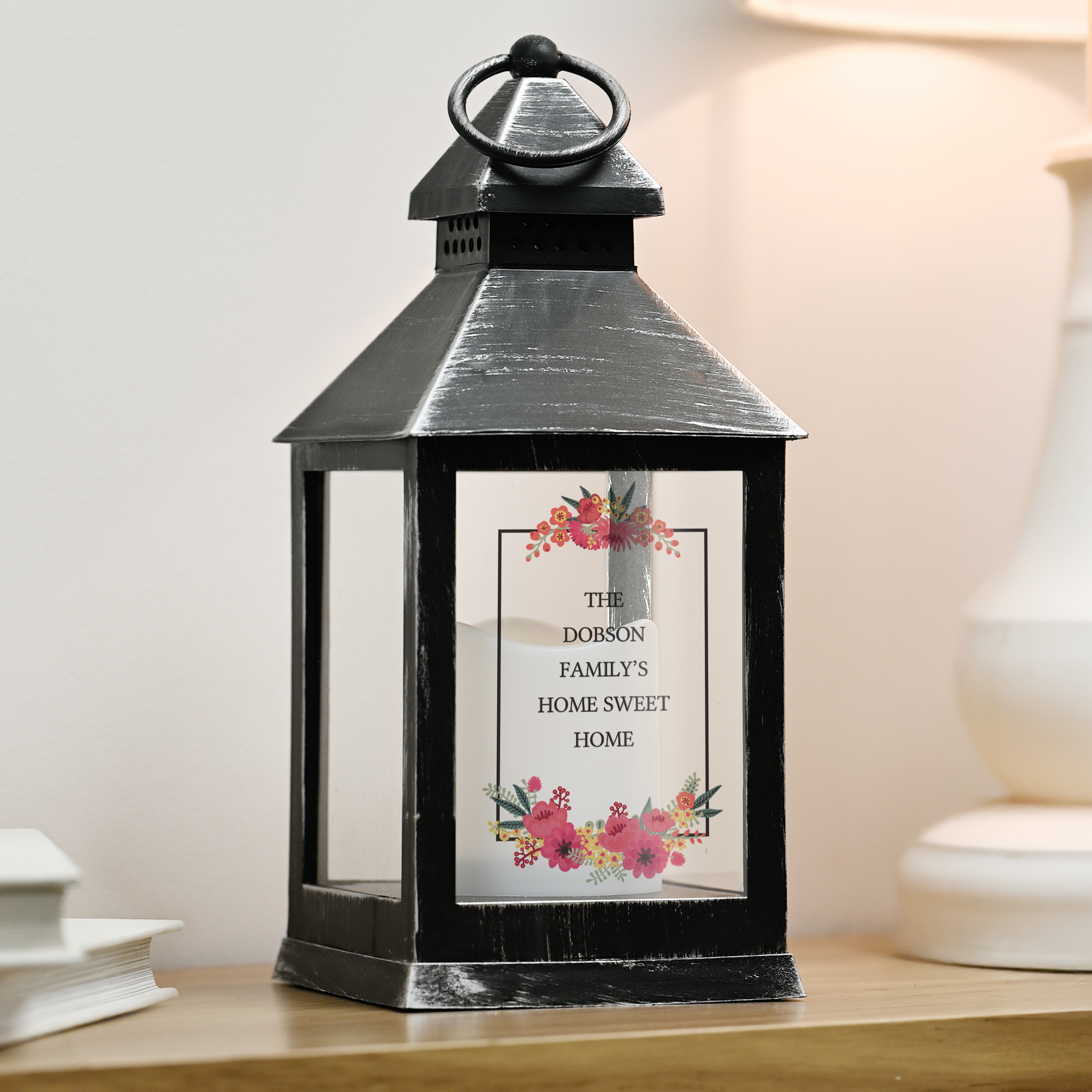 Personalised Floral Rustic Black Lantern