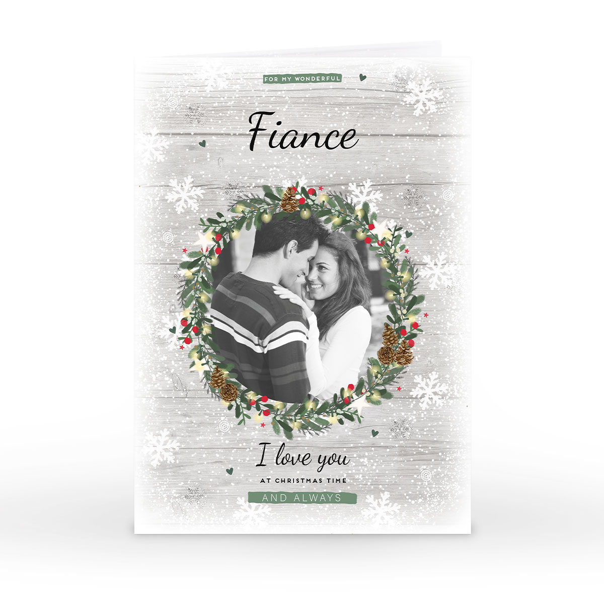 Photo Christmas Card - Wreath & Snowflakes, Fiance
