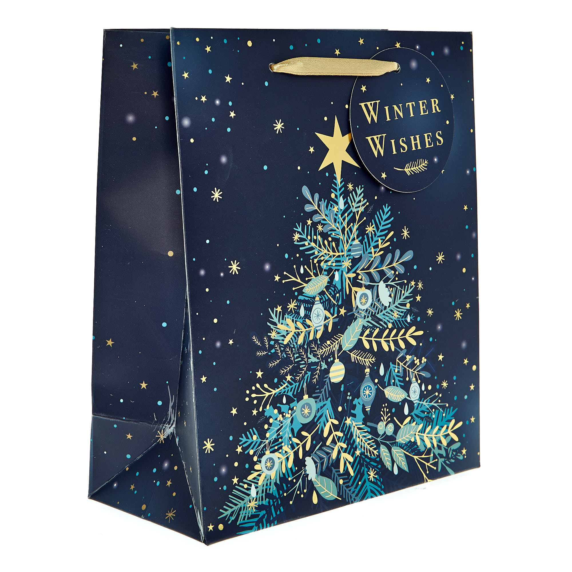 Medium Portrait Christmas Gift Bag - Navy Tree