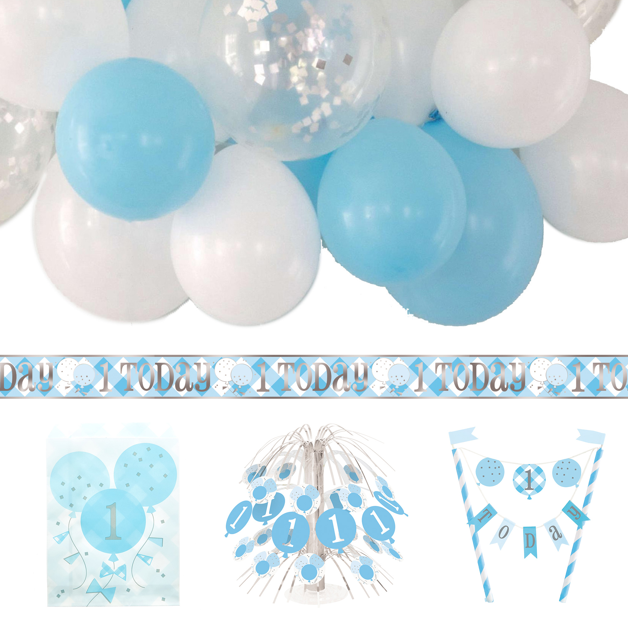 Blue Gingham 1st Birthday Party Accessories Bundle - 20 Pieces 