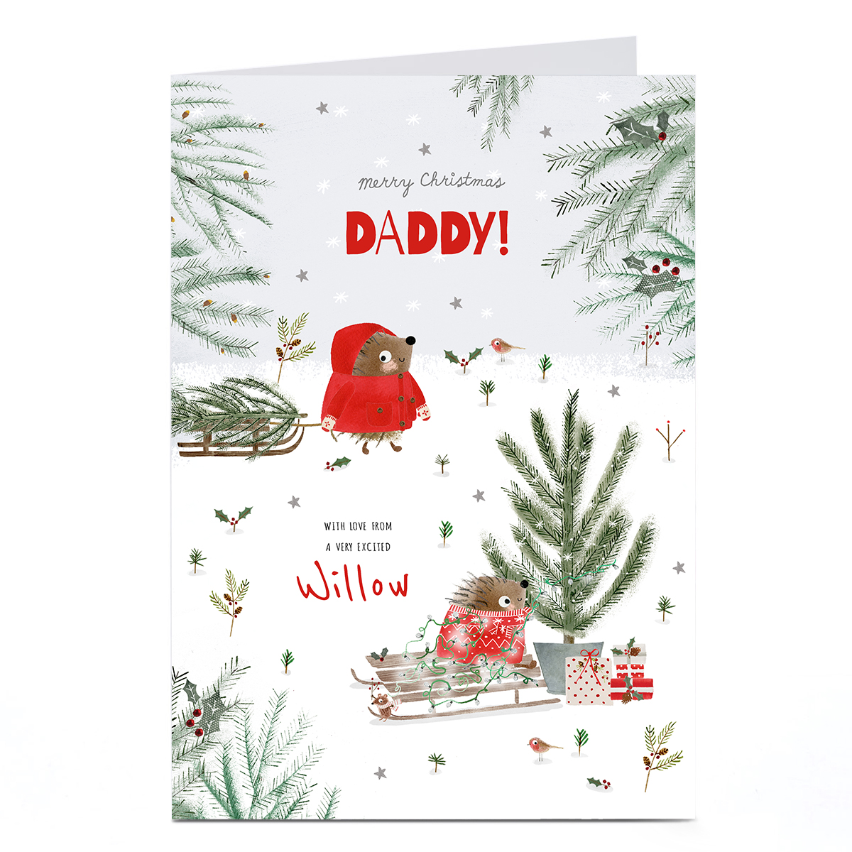 Personalised Christmas Card - Hedgehogs In Snow, Daddy